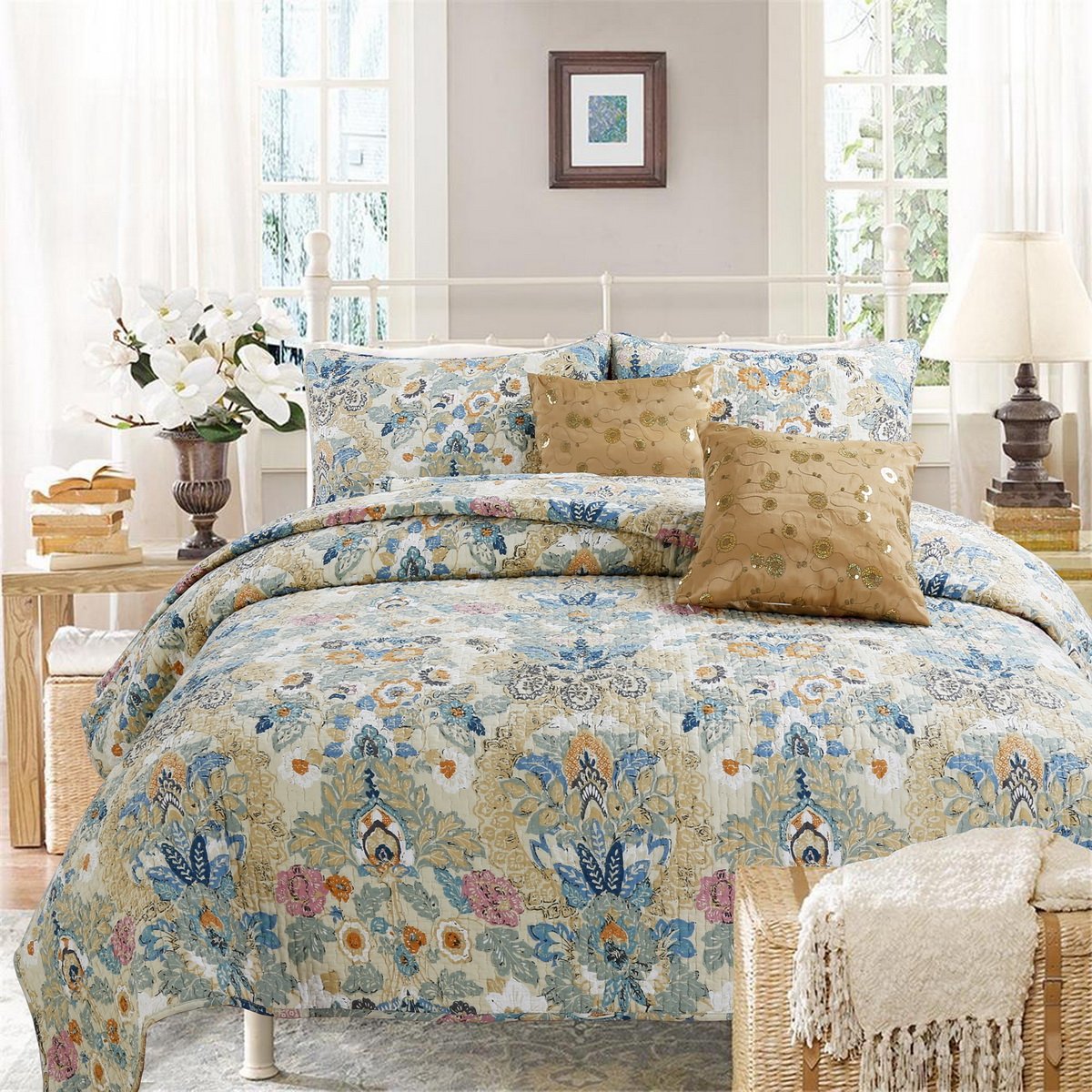 Peacock Garden 100% Hypoallergenic Cotton 3-Piece Floral Quilt Set - King Size Bedding for Cozy Bedroom Decor | Perfect for Master Bedrooms, Guest Rooms & Dorm Rooms