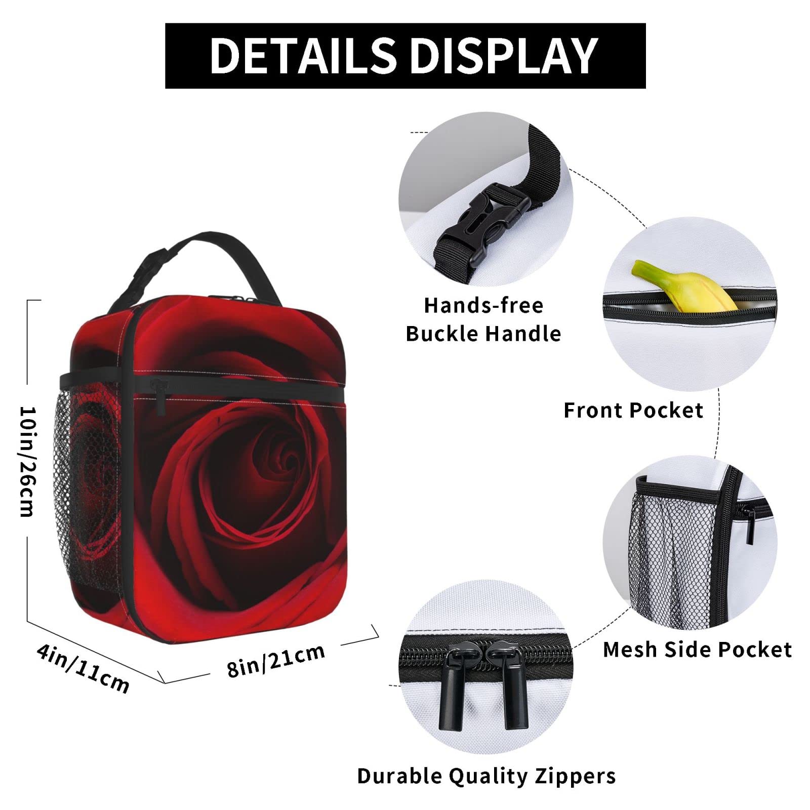YETTA YANG Insulated Lunch Box - Cute Red Rose Floral Design, Portable & Reusable Thermal Lunch Bag for Women & Men - Perfect for Work, School, Picnic, Camping & Valentine's Day Gifts