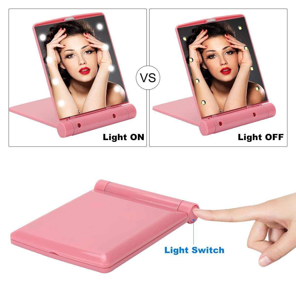 8 LED Travel Makeup Mirror - Compact Folding & Portable for Women (Pink) - Perfect for Travel & Touch-ups