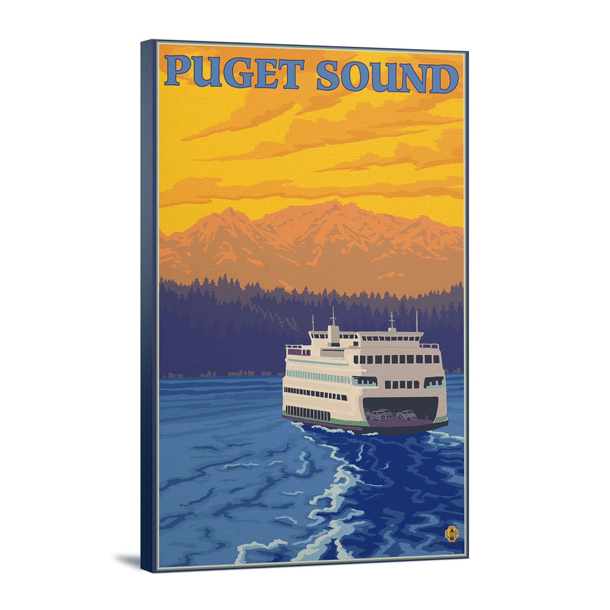 Lantern Press Puget Sound Ferry and Mountains Wall Art - 16x24 Wrapped Canvas Print - Pacific Northwest Scenic Decor for Living Room, Bedroom & Office
