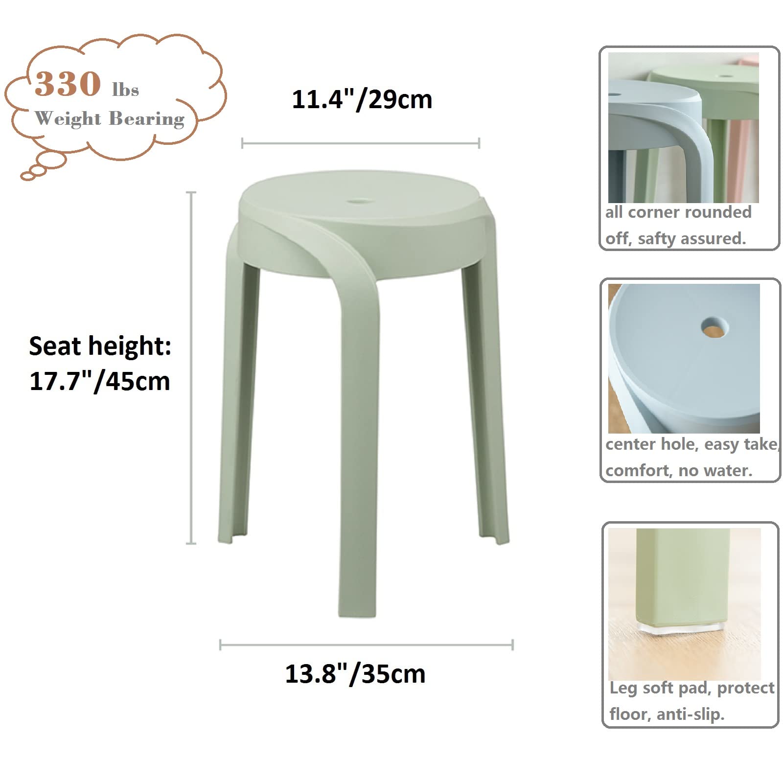 17.7 Inch Modern Plastic Stool Set of 4 - Round Stackable Chairs with Unique Whirl Design - Waterproof Indoor/Outdoor Use for Home, Office, Classroom, Shower - Perfect for Patio, Garden, Poolside & Small Spaces (Grey)
