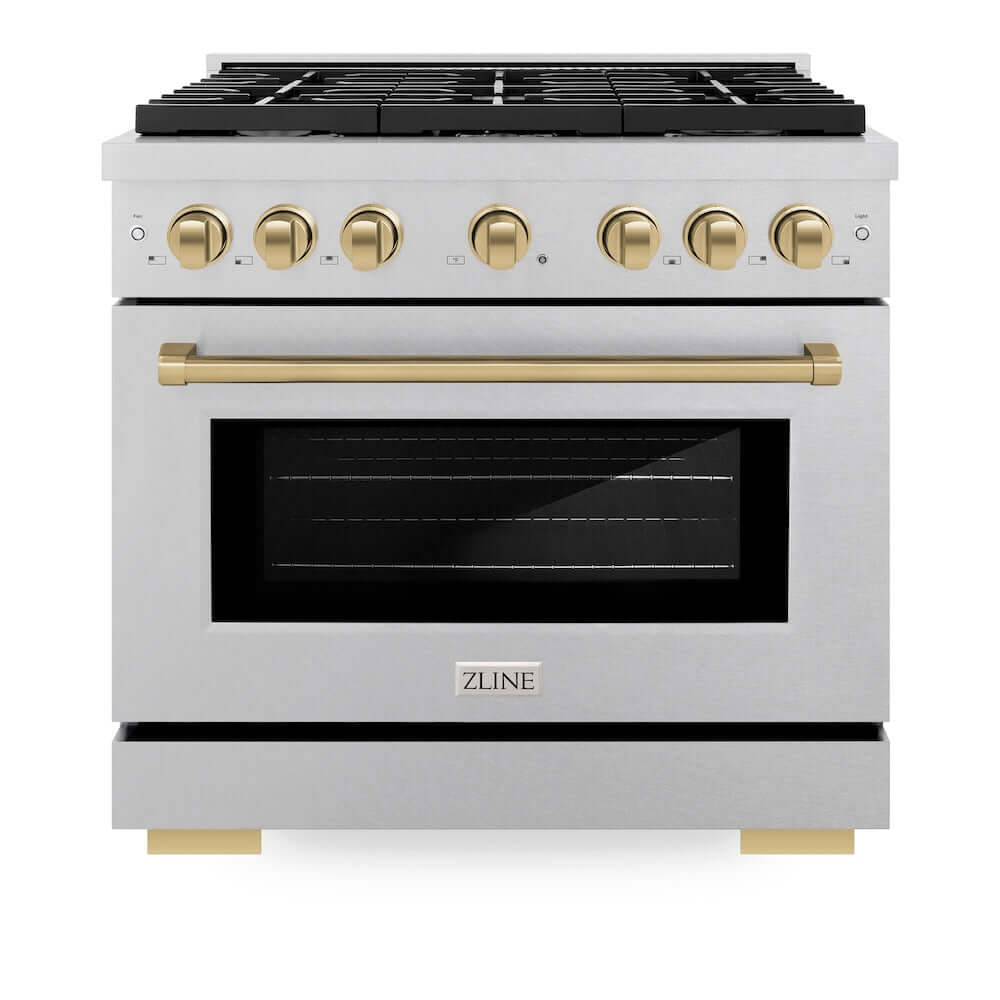 ZLINE Autograph Edition 36-inch 5.2 cu. ft. Paramount Gas Range with 6 Burner Cooktop & Convection Gas Oven - Satin Stainless Steel with Champagne Bronze Accents (SGRSZ 36 CB) - Perfect for Professional Home Chefs & Modern Kitchens
