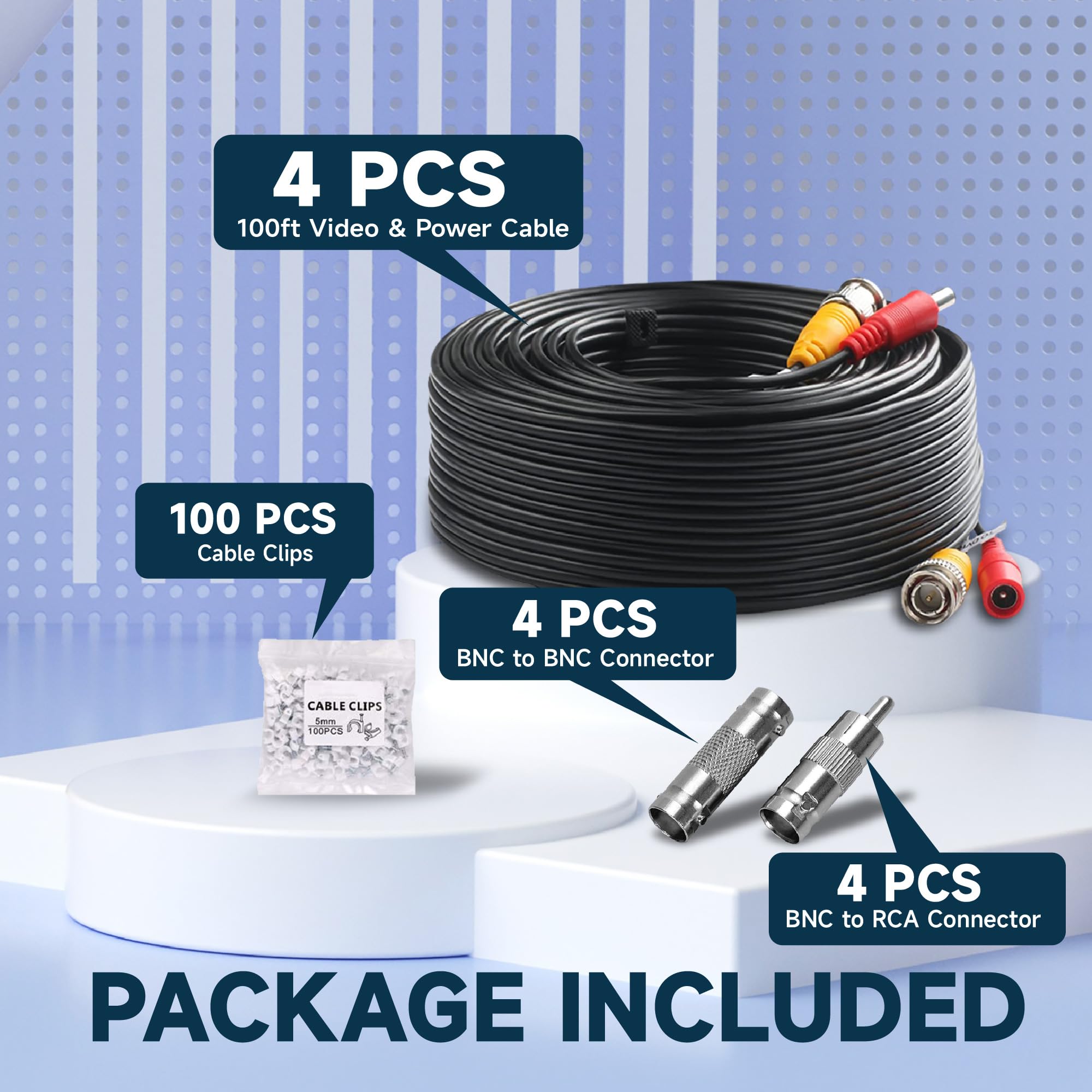 4 Pack 100ft/30M All-in-One BNC Video Power Cable for CCTV Security Camera Systems - Includes 8 BNC Connectors & 100 Cable Clips - Perfect for Home Surveillance, DVR Setup & Outdoor Security Camera Installation