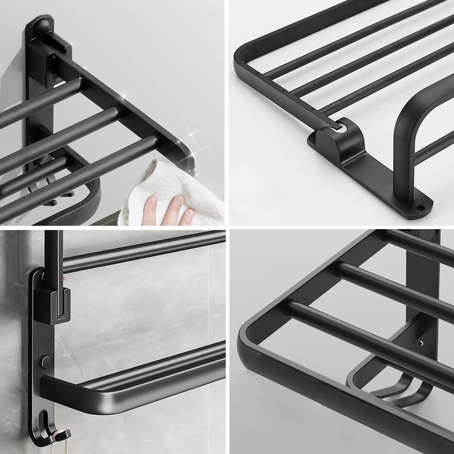 No Drill Foldable Towel Rack - 24 Inch Stainless Steel Wall Mounted Bathroom Towel Holder - Matte Black Space Saving Bathroom Accessories for Small Spaces, Apartments & Dorms - Perfect for Showers, Vanities & Laundry Rooms
