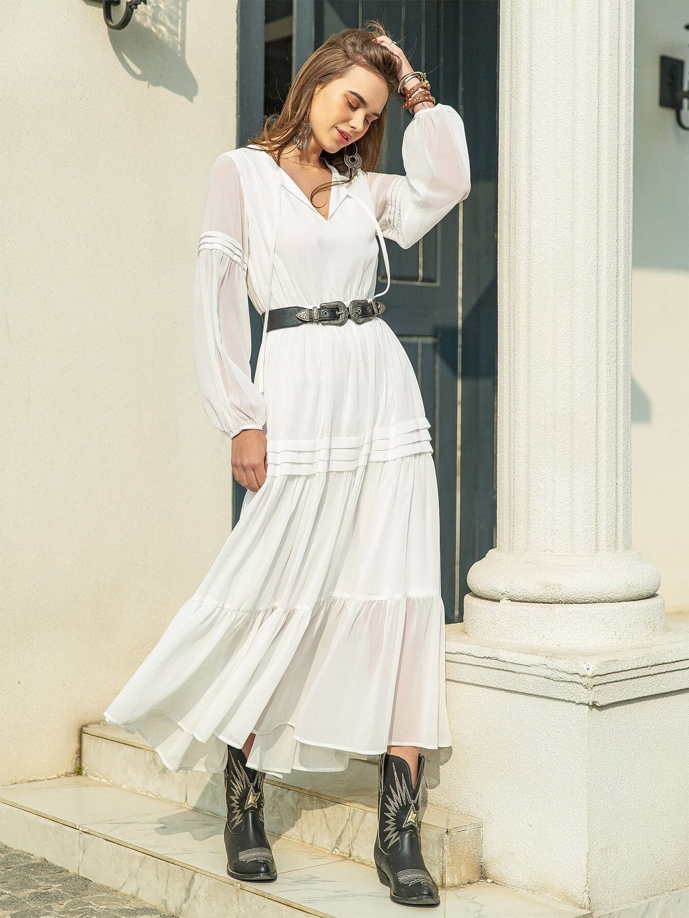 HAOSHU Women's Long Sleeve White Lantern Sleeve Flippy Hem Maxi Dress - Elegant Boho Style for Date Night, Wedding Guest & Special Occasions