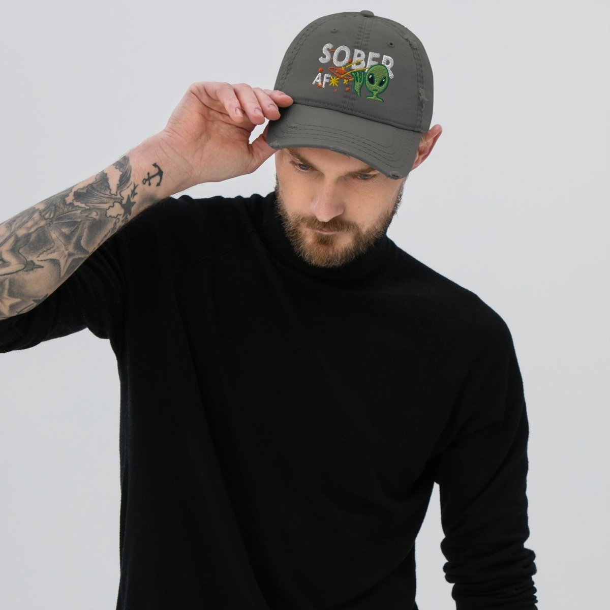Sober AF Embroidered Distressed Dad Hat - Galactic Sobriety Cap for Men & Women - Perfect for Recovery, AA Meetings & Sober Living