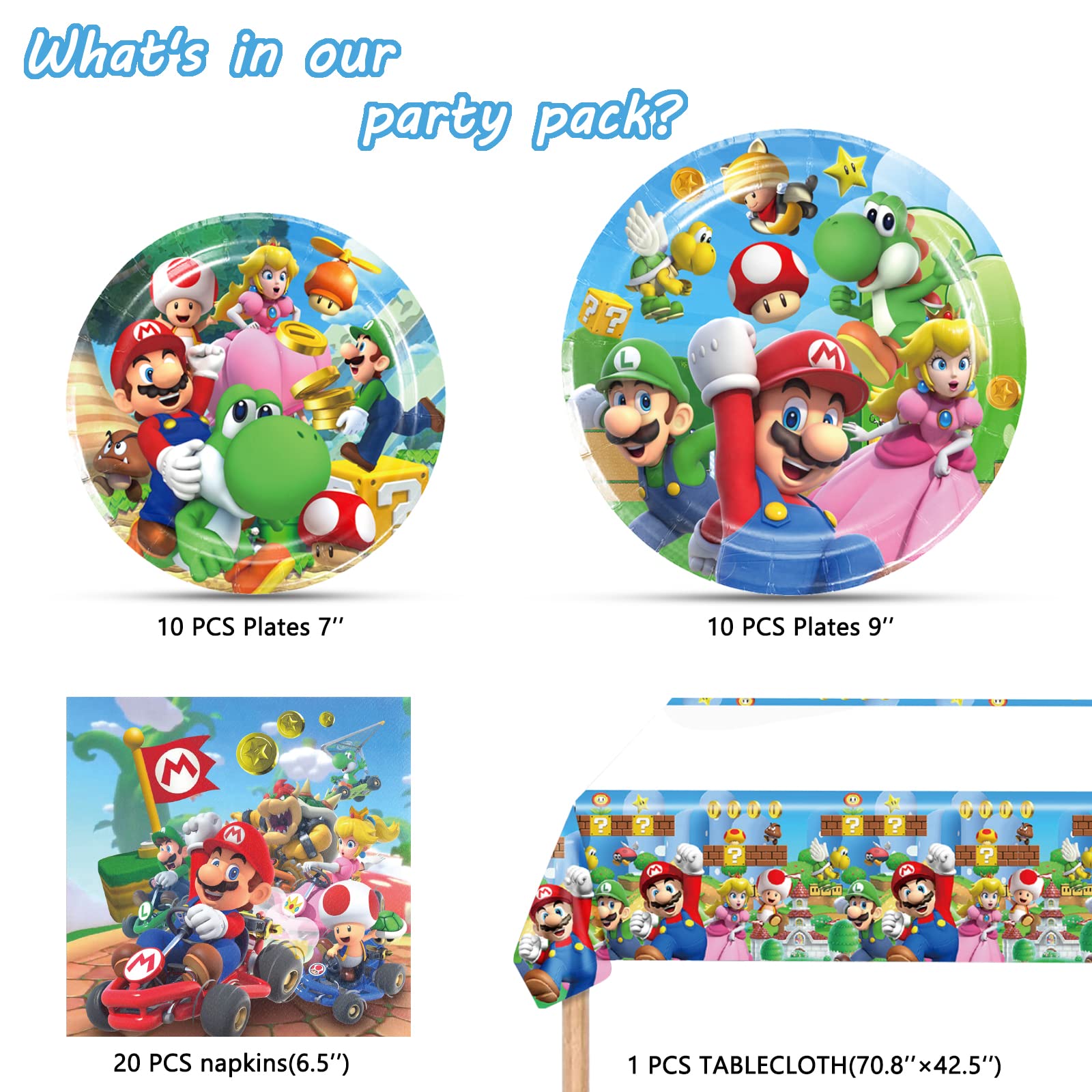 Super Mario Birthday Party Supplies Set - 20 Plates, 20 Napkins & 1 Table Cover for Mario Themed Decorations - Perfect for Kids Birthday Parties, Game Nights & Themed Events