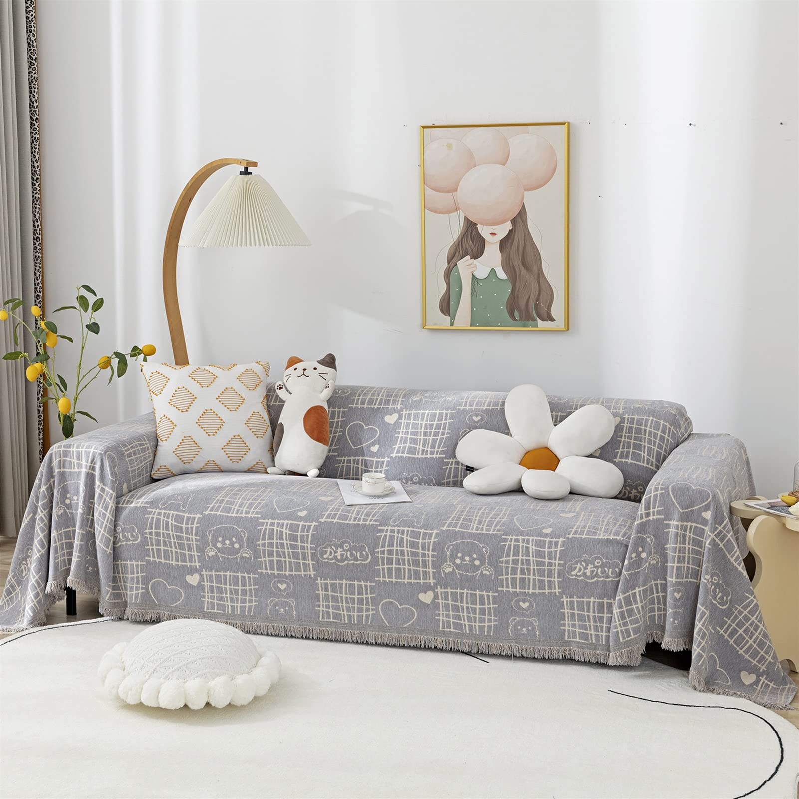 Double Sided Chenille Sofa Slipcover - Soft Geometric Pattern Furniture Protector for 3 Cushion Couches (180x130cm, Grey) - Pet & Kid Friendly Modern Home Decor for Living Room