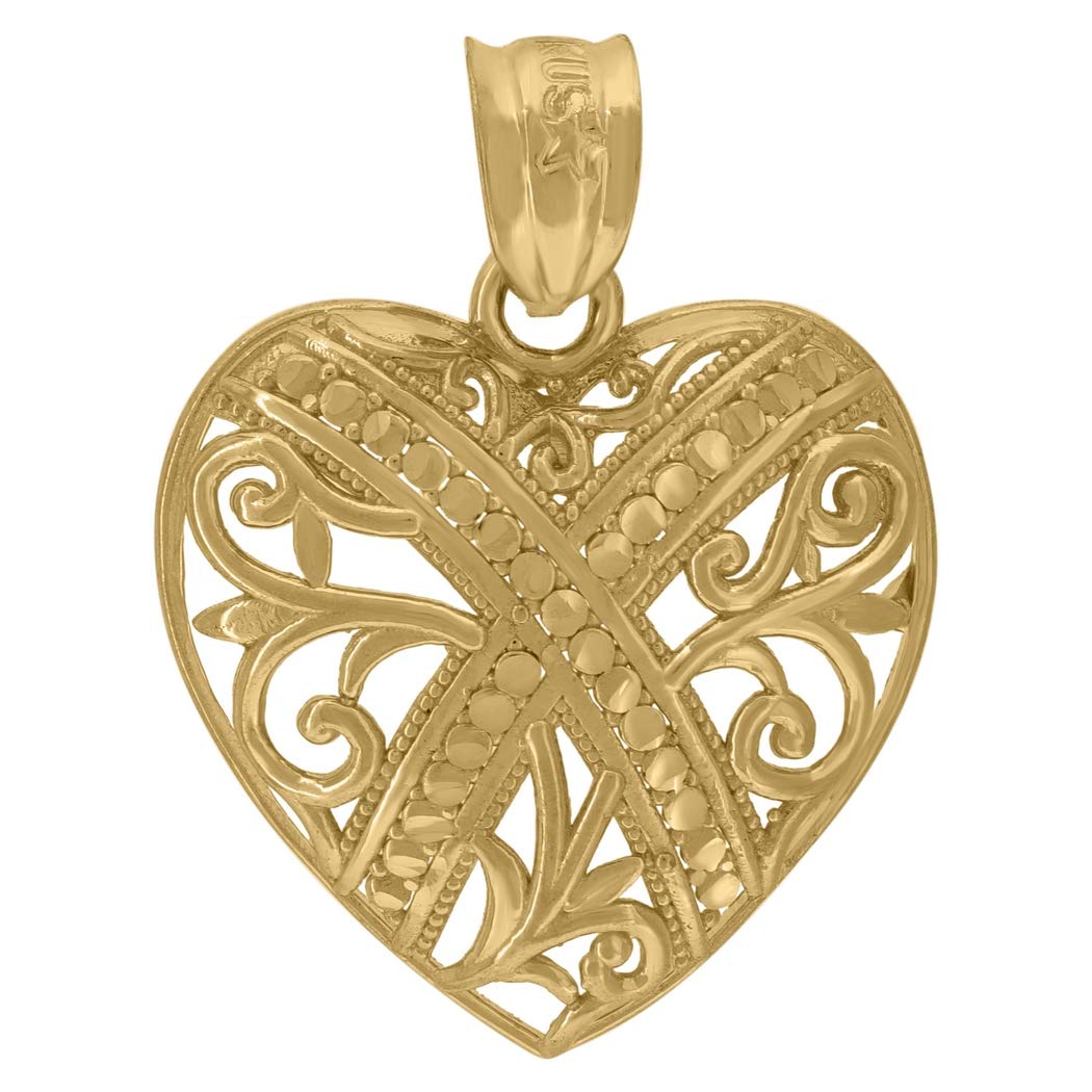 10K Yellow Gold Filigree Heart Charm Pendant Necklace for Women - 22.7x16.50mm Elegant Jewelry Gift - Perfect for Valentine's Day, Anniversary & Romantic Occasions