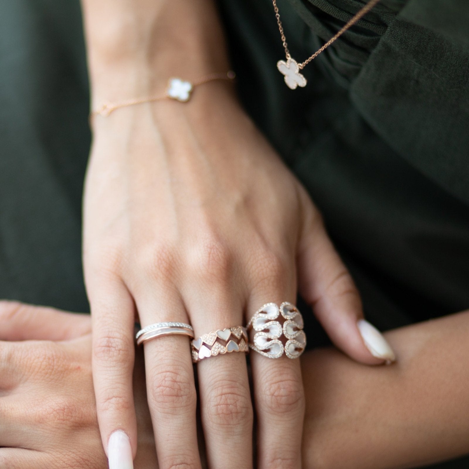 14K Rose Gold Abstract Swirl Mother of Pearl and Diamond Cocktail Ring - Elegant Statement Jewelry for Evening Parties & Special Occasions