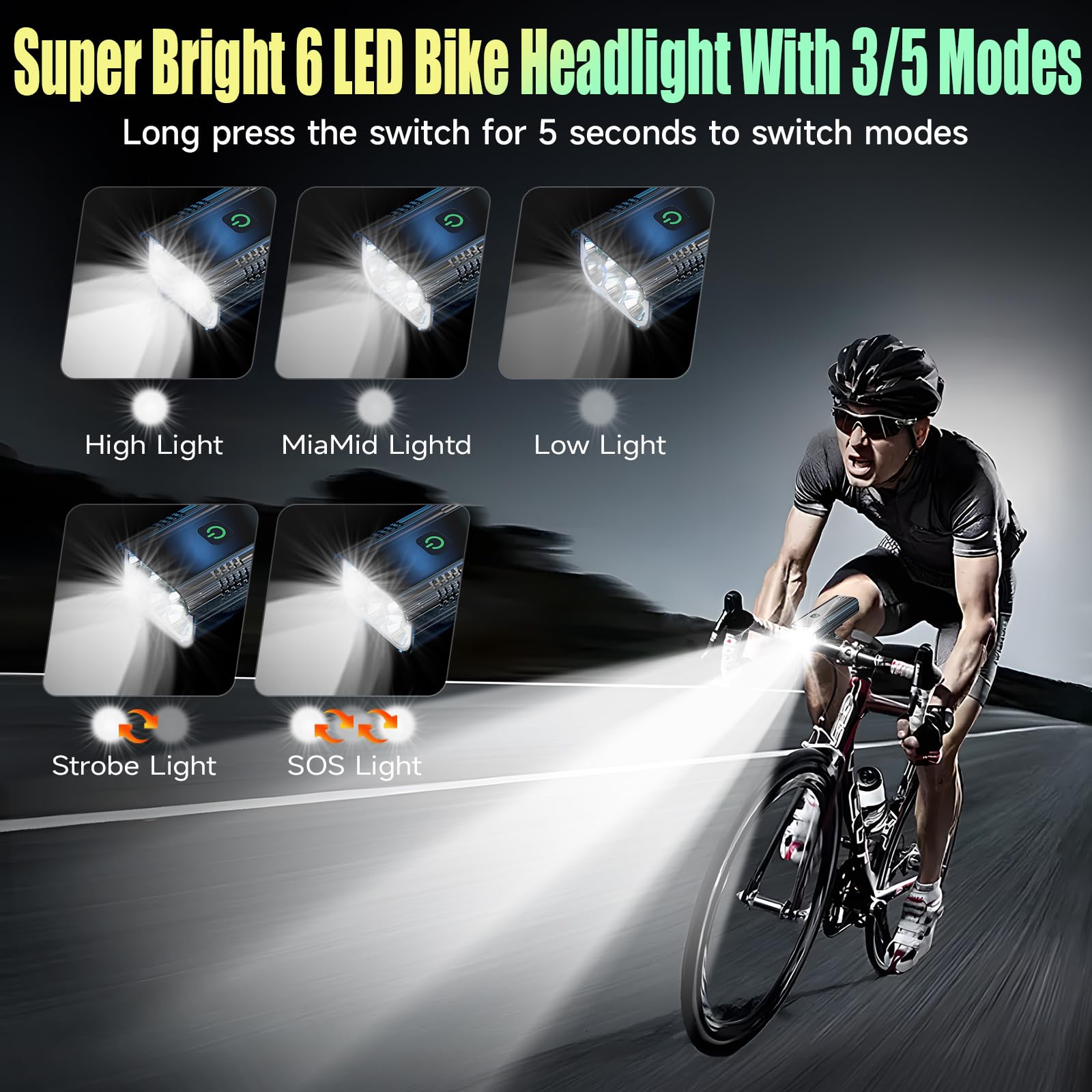 2025 Super Bright 9500 Lumens Bike Lights - 6 LED 360° Rotatable Bicycle Headlight with 10 Modes & USB Rechargeable | Waterproof, Long Runtime & Taillights for Night Riding, Cycling Safety & Outdoor Adventures