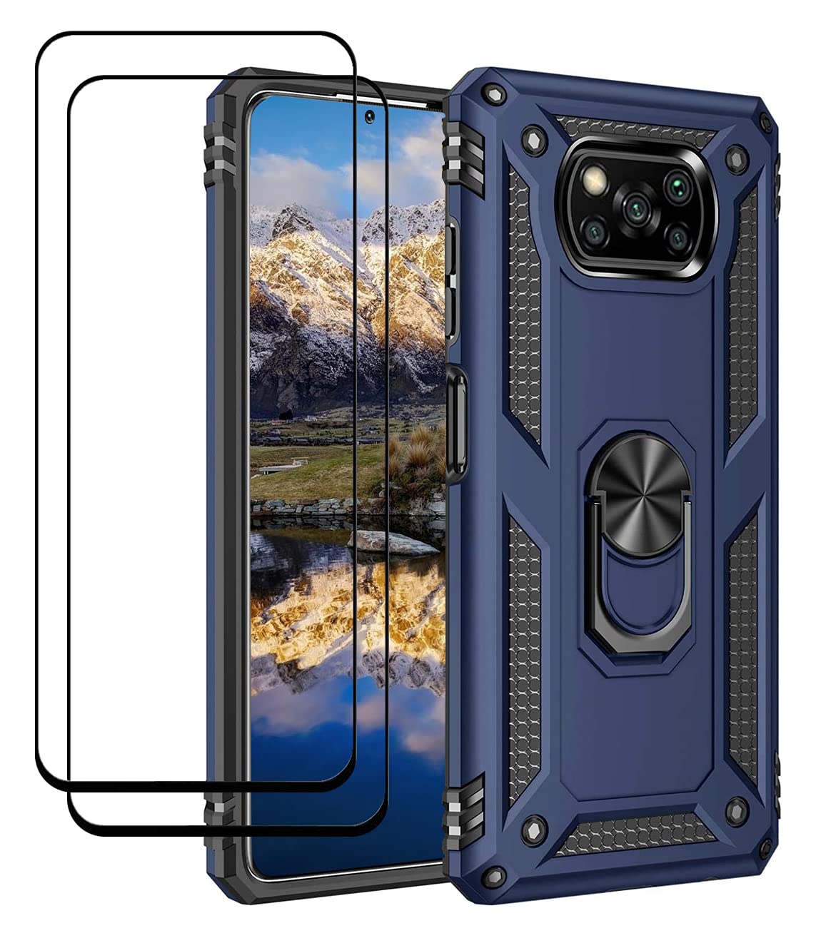 YaHan 360 Rotating Ring Kickstand Case for Xiaomi Poco X3 NFC/X3 - Heavy Duty Dual Layer Shockproof Defender with Tempered Glass Screen Protector [2 Pack, Blue] - Perfect for Work, Travel & Outdoor Activities