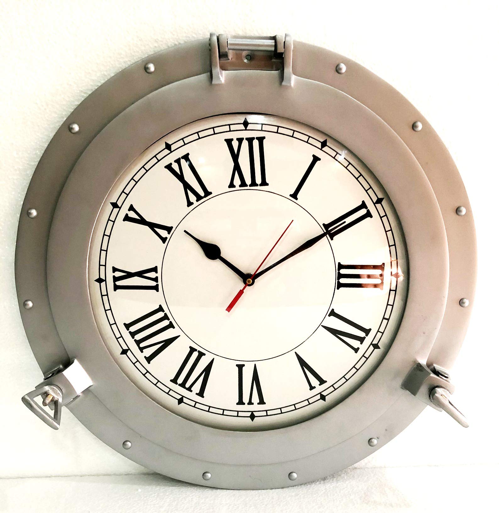 Vintage Nautical Silver Ship Porthole Wall Clock - 17 Inch Marine Window Style Decorative Clock for Living Room, Bedroom, or Office Decor