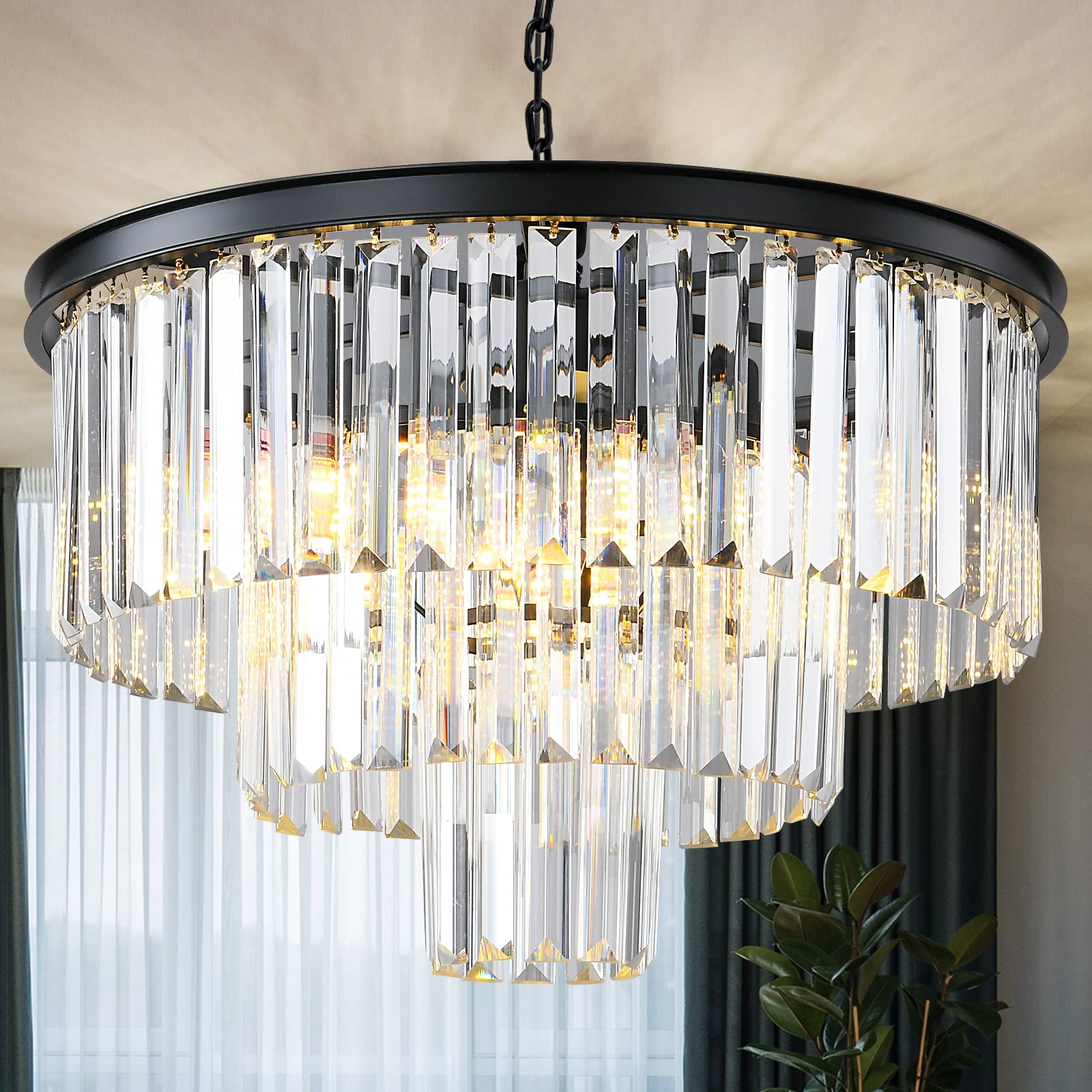 Modern Black Crystal Chandelier - 3-Tier Round Flush Mount Ceiling Light with Adjustable Height, Elegant Pendant Lighting for Dining Room, Living Room, Bedroom, Kitchen & Hotel Foyer | Perfect for Home Decor, Wedding Venues and Luxury Interior Design