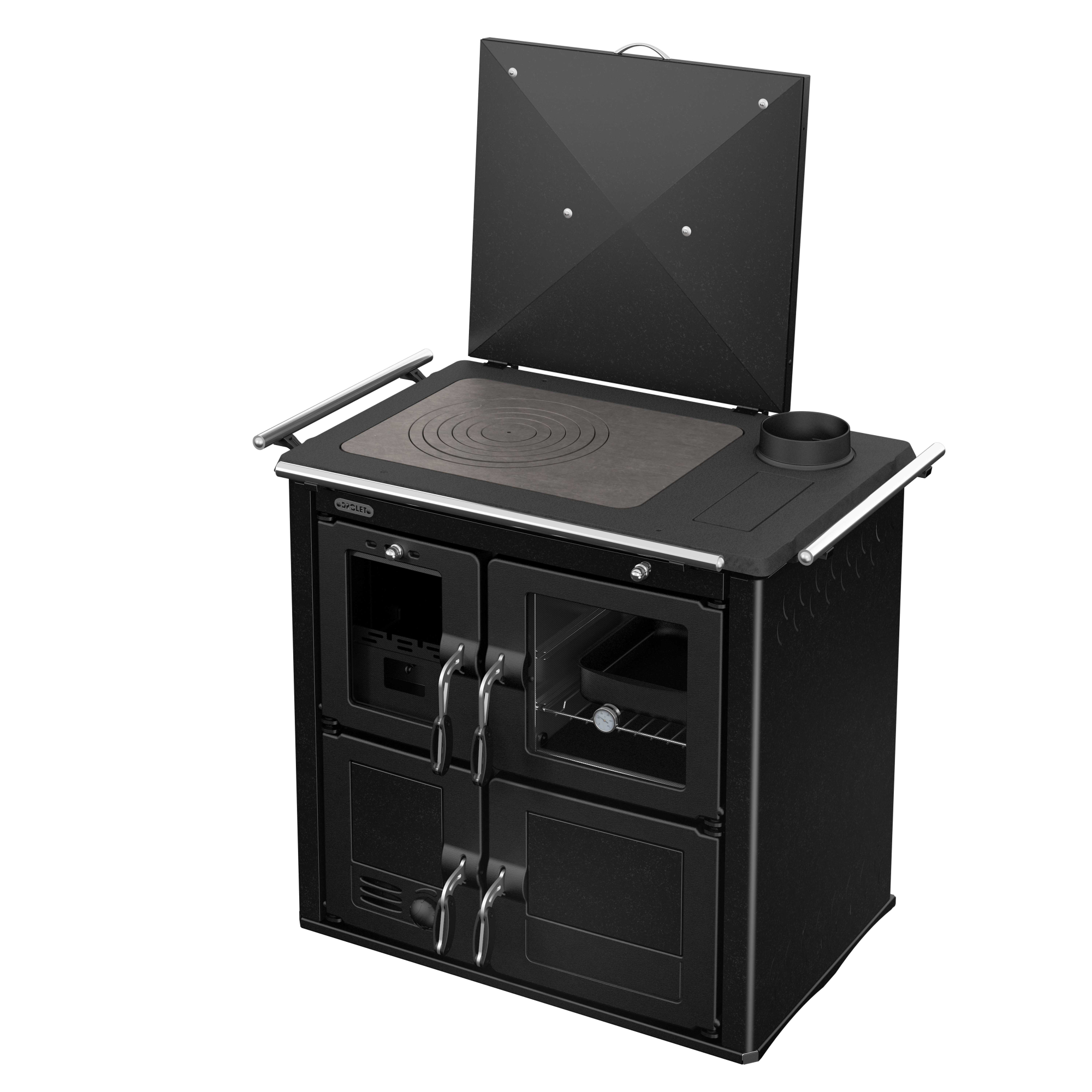 Drolet Outdoor Wood Burning Cook Stove with Cast Iron Hotplate & 4 Doors - Heavy Duty Ceramic Glass Camping Stove for Backyard, Cabin & Off-Grid Cooking (Model DB04800)