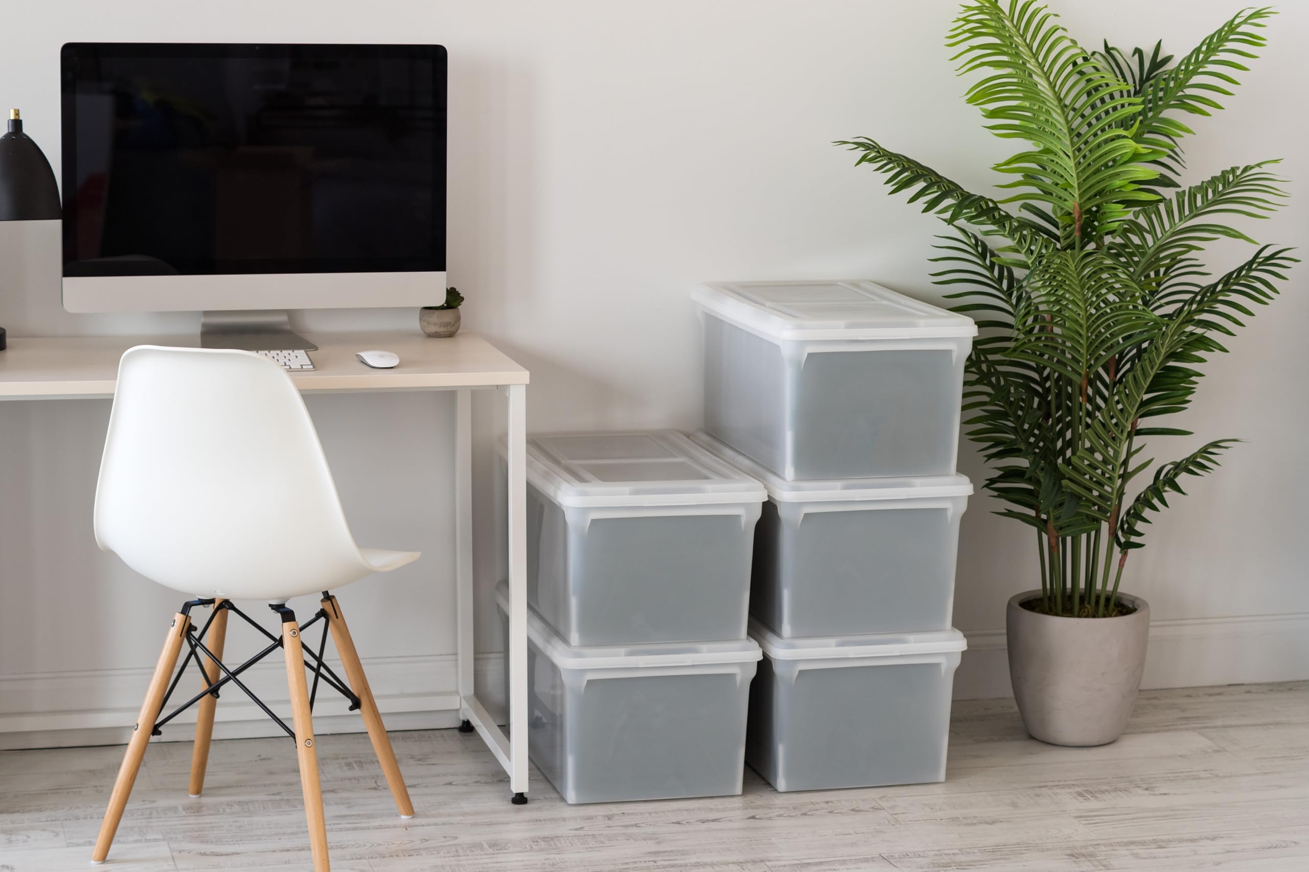 IRIS USA 44 Qt. Plastic File Box Organizer with Hinged Split Latching Lid - Water Resistant, BPA-Free, Stackable & Nestable Storage Bin for Letter/Legal Documents - Pearl White (5-Pack) - Perfect for Office, Home, or School Organization