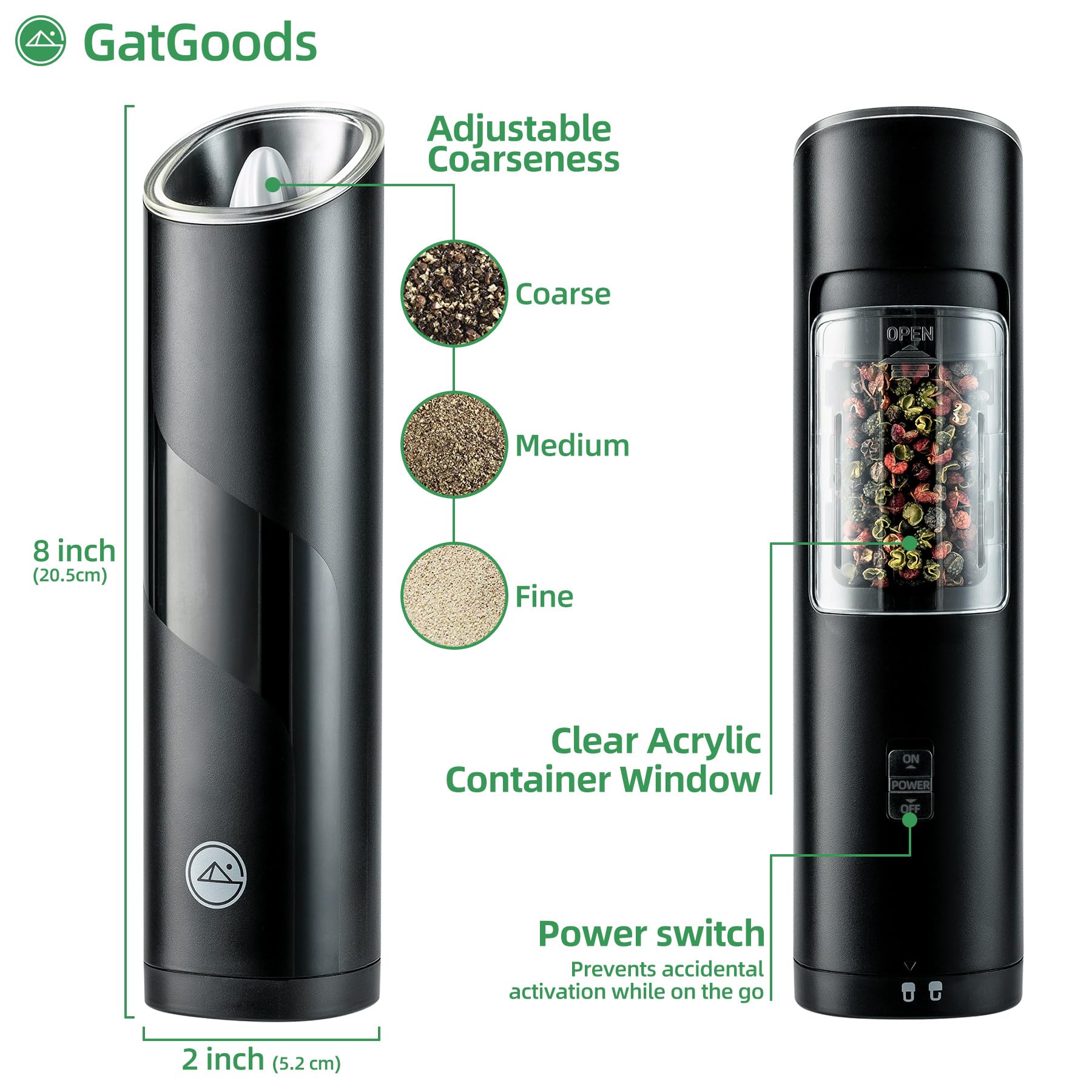 Premium Electric Salt and Pepper Grinder Set - Adjustable Coarseness with Warm LED Light | One-Handed Automatic Operation | Battery Powered Spice Mill (Black) | Perfect for Kitchen, Dining Table & Outdoor BBQ