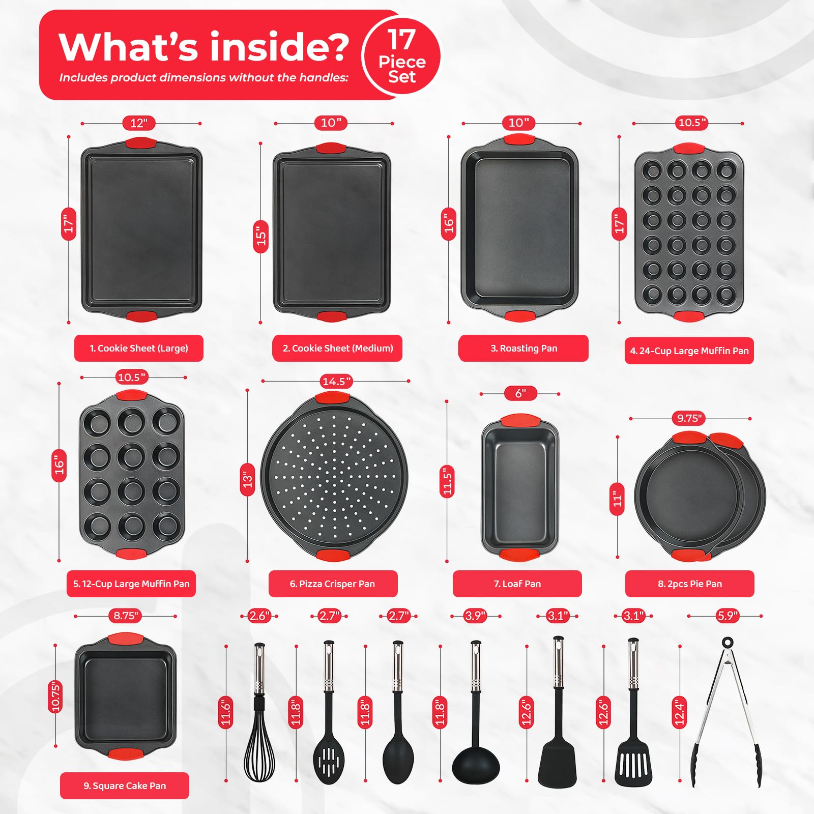 PERLLI Non-Stick 17-Piece Baking Pan Set - BPA-Free Carbon Steel Bakeware with Silicone Handles, Stackable Oven Safe Cookie Sheet & Baking Tray Set (446°F) - Perfect for Cookies, Cakes, Bread & Roasting Vegetables