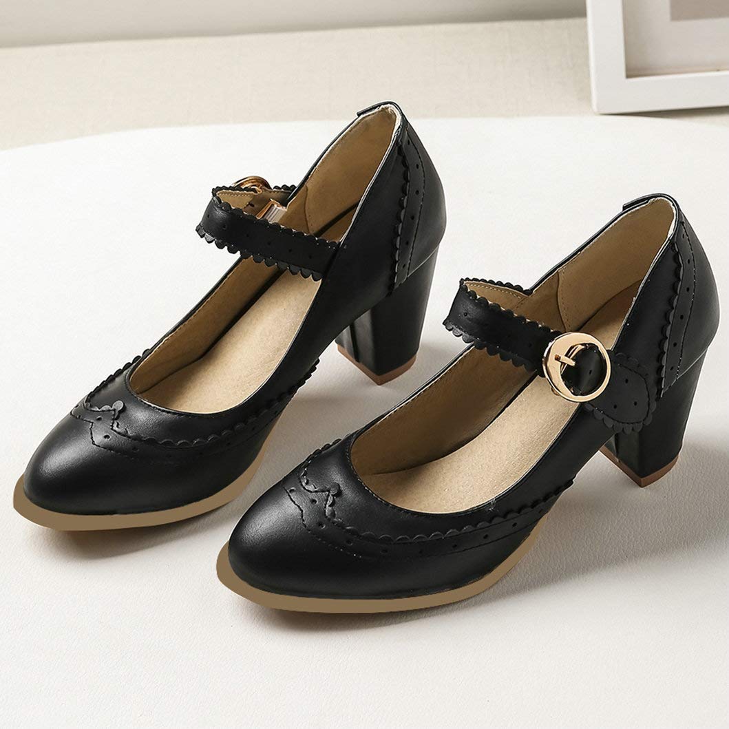 Vintage Women's Rockabilly Mary Jane Block Heel Pumps - Wingtip Closed Toe Dress Shoes for Retro Parties, Swing Dancing & 1950s Fashion Outfits