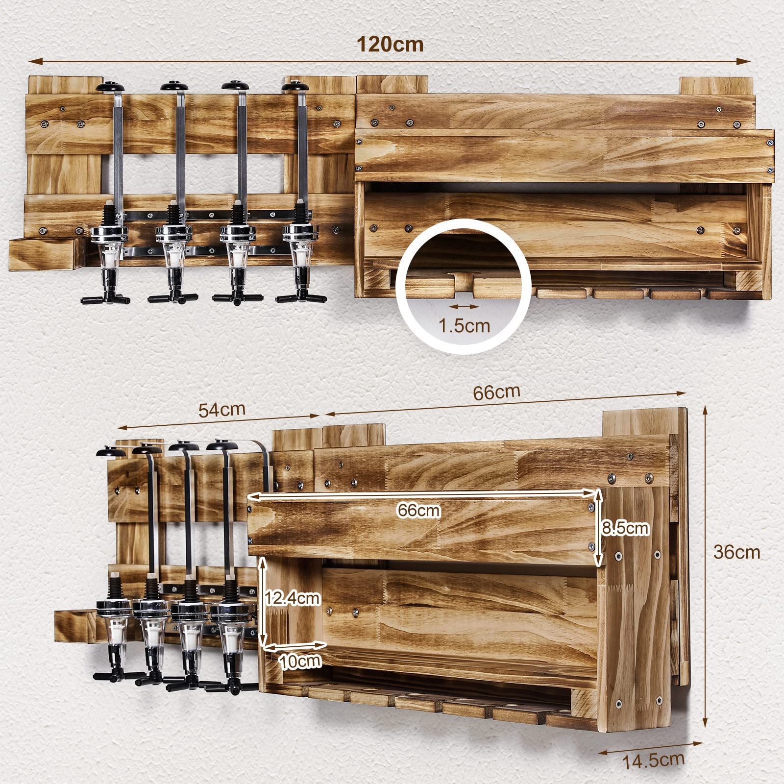 Yorbay Wall-Mounted Bottle Holder with 4 Drink Dispensers - Rustic Wooden Wine Rack with Glass Shelf for Wine Bottles & Glass Storage - Perfect for Kitchen, Bar, and Dining Room Organization