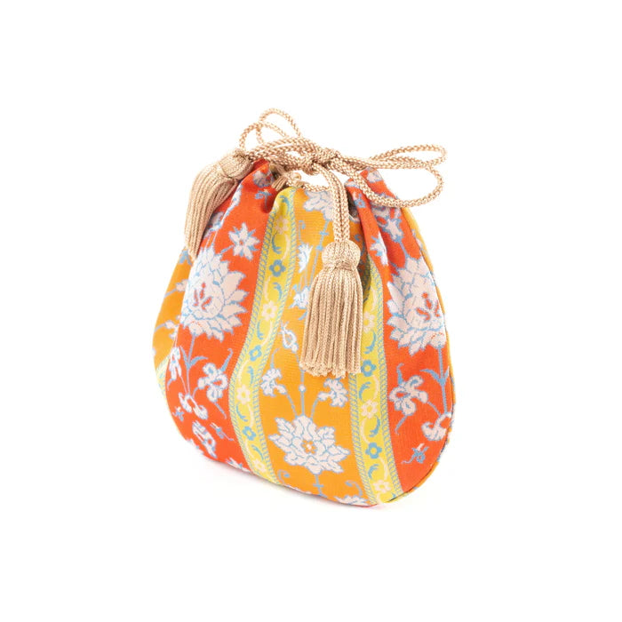 Nishijin Woven Small Drawstring Bag - Floral Design Handmade in Kyoto Japan | Japanese Traditional Craft Purse for Coins, Jewelry & Gift Giving