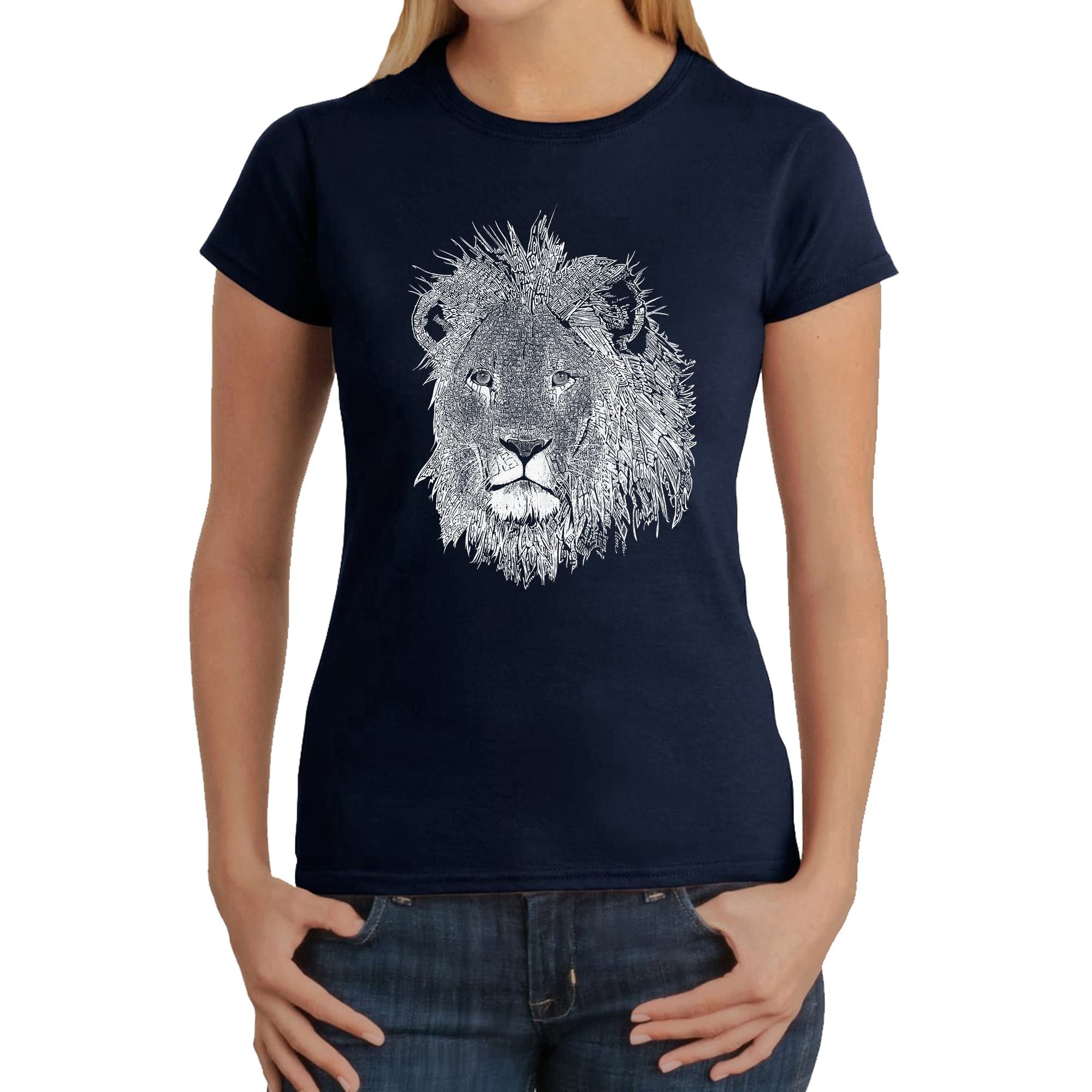 LA POP ART Women's Lion Word Art Graphic T-Shirt - Trendy Casual Tee for Streetwear, Music Festivals & Everyday Outfits