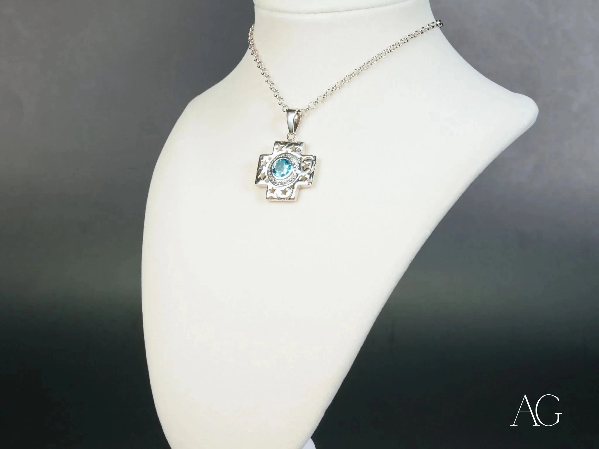 Celestial Cross Blue Topaz & Diamond Pendant Necklace - Elegant Jewelry for Women, Gifts for Christmas, Baptism, Confirmation & Special Occasions