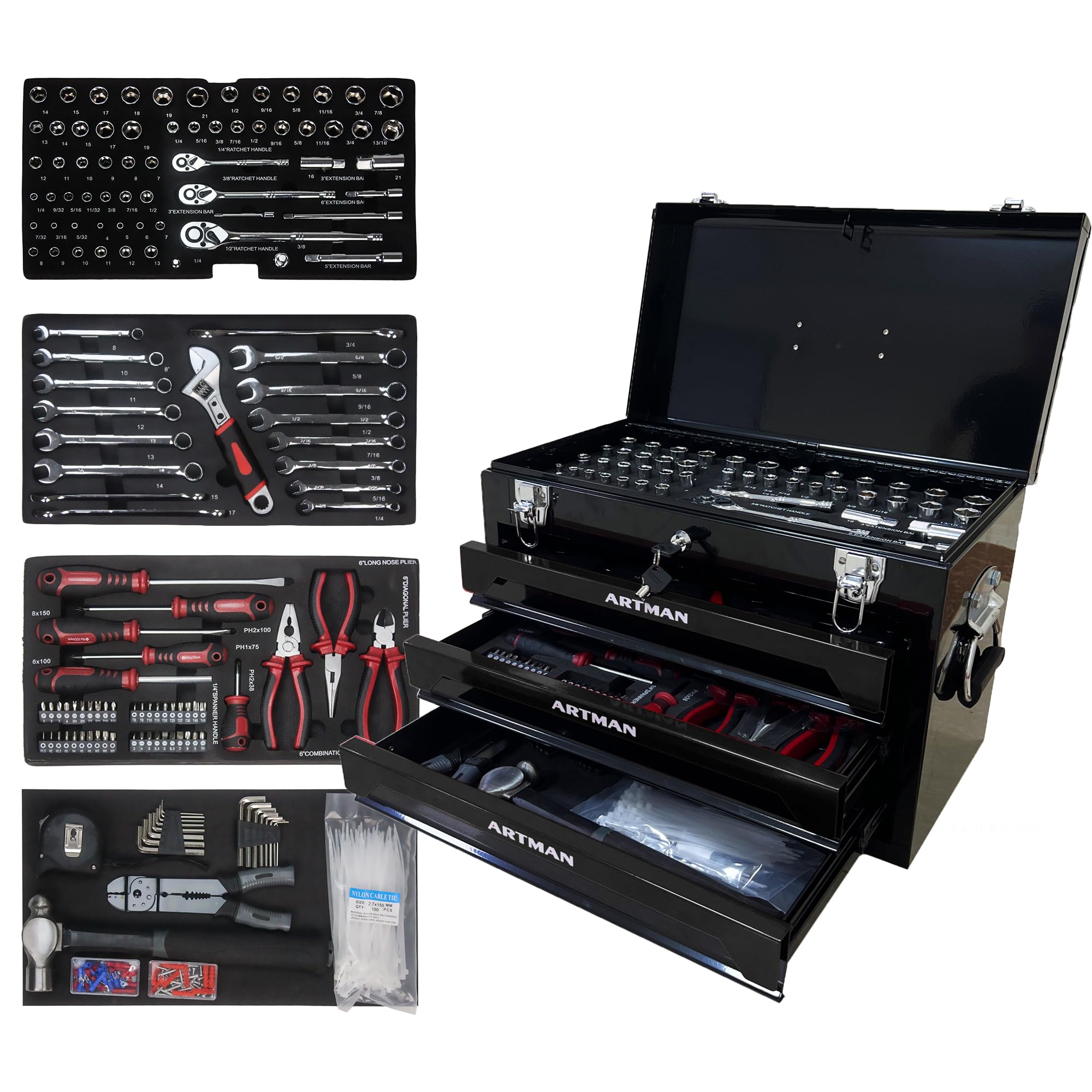 439-Piece Professional Mechanic Tool Set with 4-Tier Socket Wrench, Ratchet & Plier - 3-Drawer Toolbox for Home Repairs, Auto Maintenance & DIY Projects (Black)