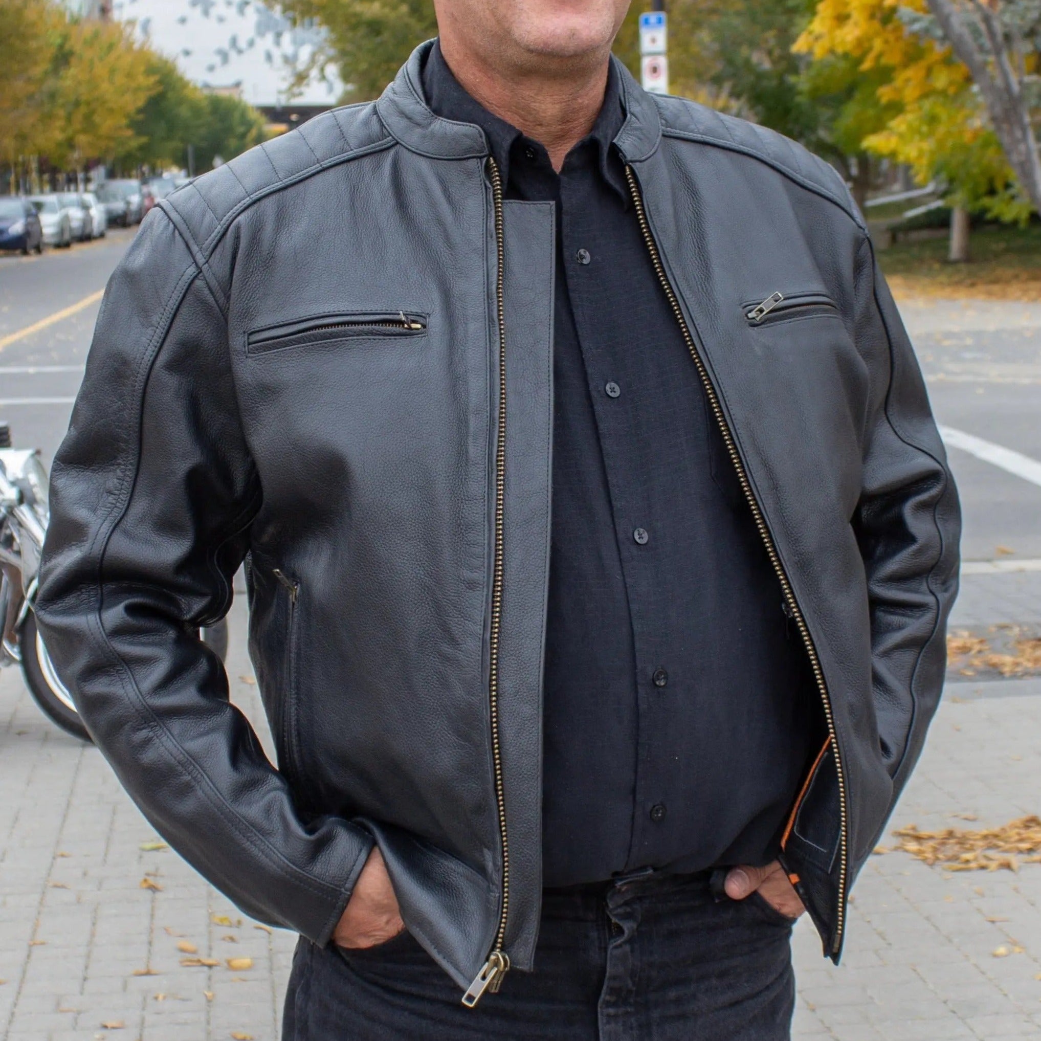 Open Road Men's Ribbed Padding Leather Motorcycle Jacket - Stylish Protective Biker Jacket for Riding & Outdoor Adventures