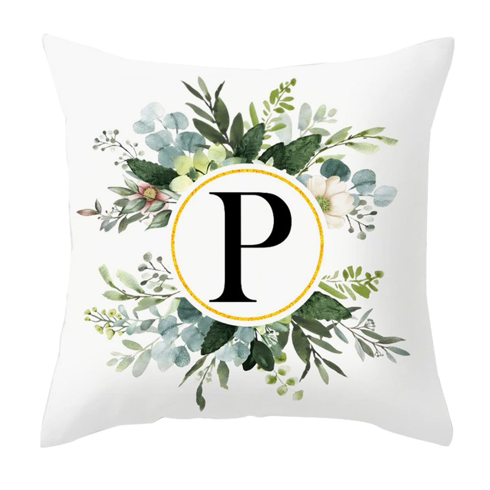 Monogram Letter P Floral Decorative Pillow Cover - 18x18 Inch Personalized Initial Throw Pillow Case for Sofa, Bed & Home Decor - Perfect for Living Room, Nursery or Wedding Gift