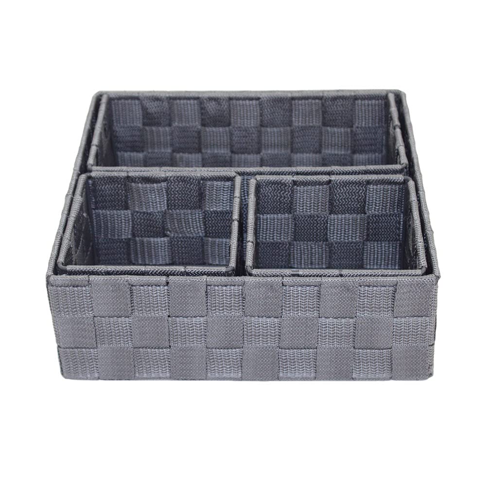 Durable Metal Frame Woven Storage Baskets Set of 4 - Handmade Ribbon Woven Organizer Bins for Home Office & Bathroom Organization (Gray) - Perfect for Shelves, Countertops & Closet Storage