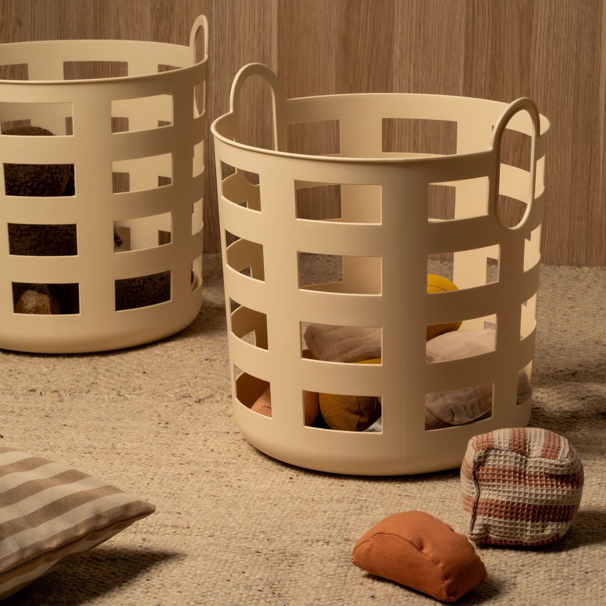 ENKEL STUDIO Large Woven Storage and Laundry Basket Set of 2 - Sand Color Foldable Fabric Hamper for Bedroom, Bathroom & Nursery Organization - Perfect for Clothes, Toys & Home Essentials
