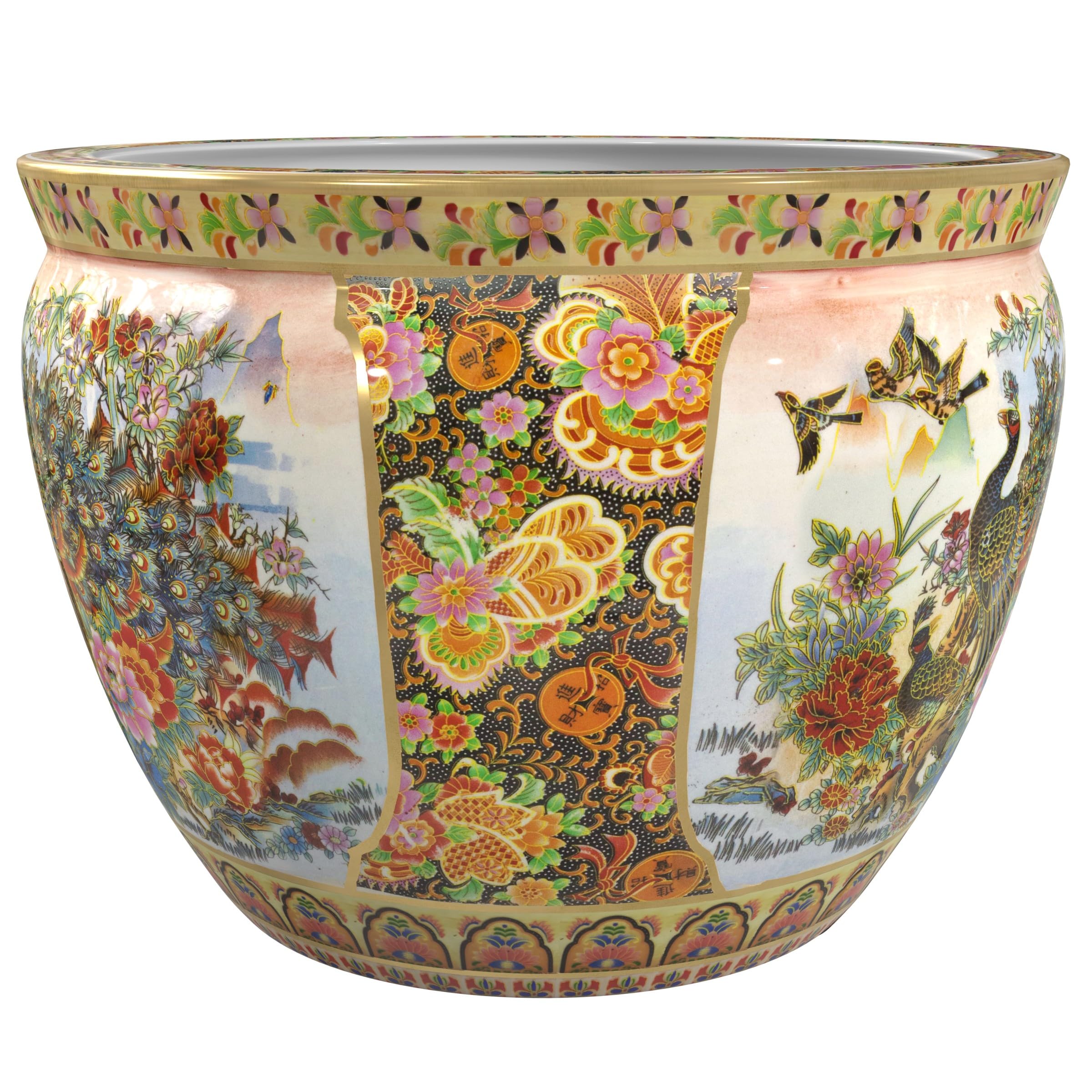 16 Inch Red Lantern Famille Rose Porcelain Fish Bowl - Elegant Home Decor for Living Room, Office & Chinese New Year Celebrations