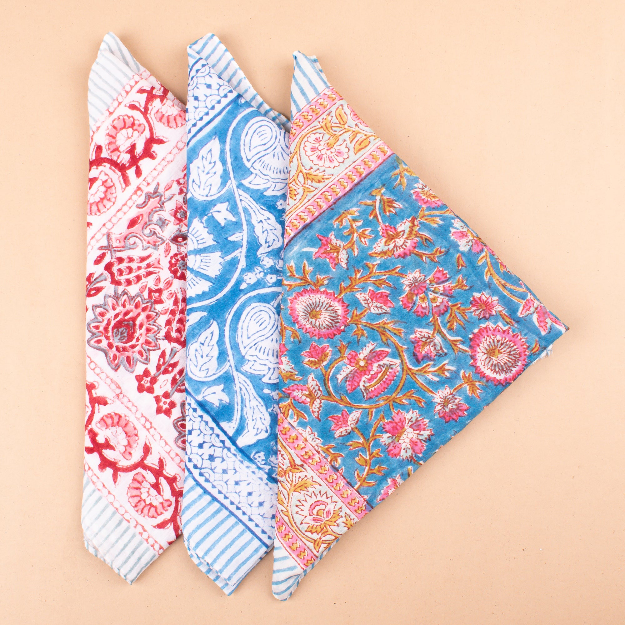 Set of 3 Lightweight Handmade Bandanas - Vintage Aesthetic Cotton Wrap & Block Printed Summer Scarf for Women & Men | Perfect for Outdoor Activities, Music Festivals & Boho Fashion