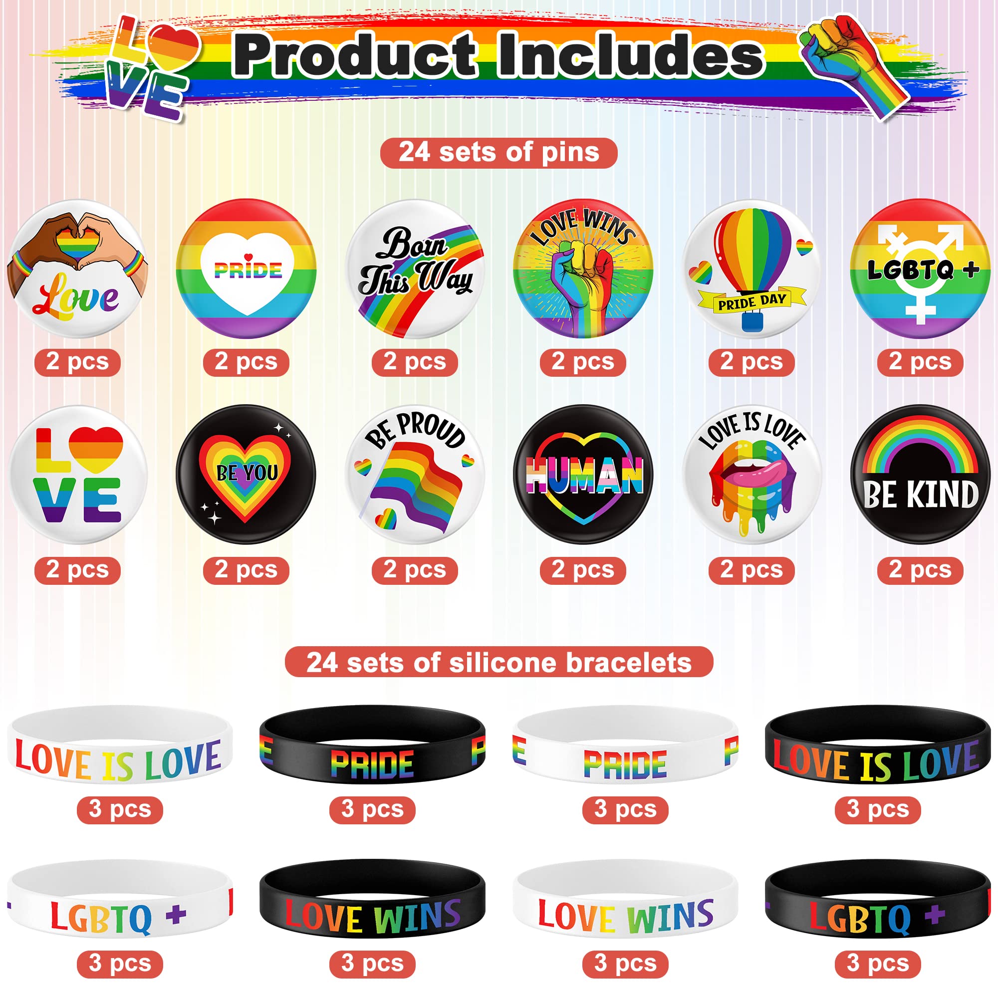 48 PCS Pride Accessories Set - 24 Rainbow Silicone Wristbands & Love Wins Button Pins - LGBTQ+ Pride Decorations for Gay, Lesbian, Bisexual, Transgender - Perfect for Pride Parades, Festivals, Parties and LGBTQ+ Events