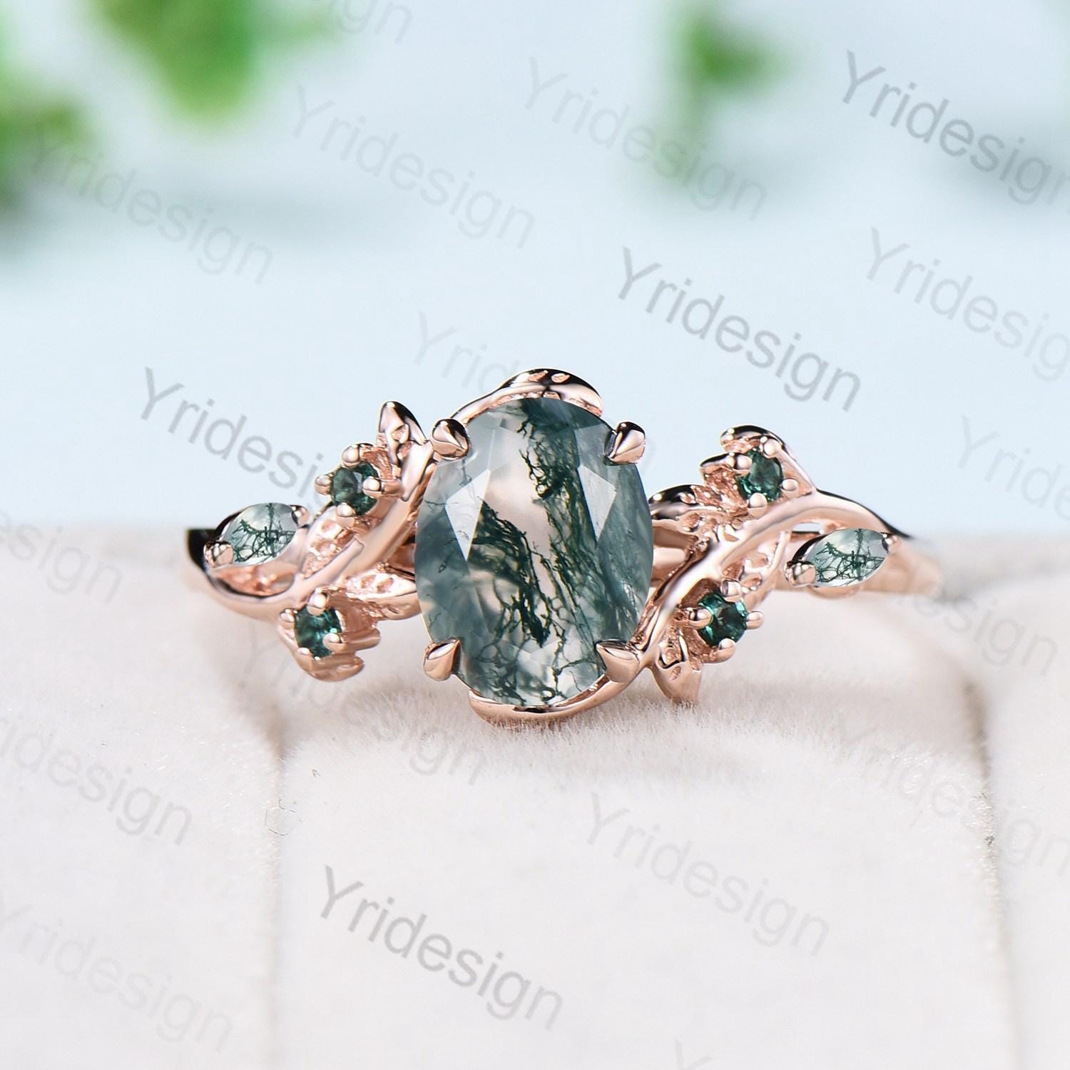 1.5Ct Oval Natural Moss Agate Engagement Ring - Nature Inspired Green Agate Promise Ring - Cluster Emerald Anniversary Ring in Silver & Rose Gold - Perfect for Proposals, Weddings & Special Occasions