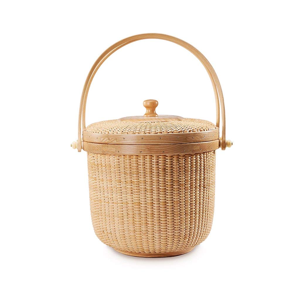 Handmade Nantucket Style Rattan Picnic Basket with Swing Handles - Woven Sewing Storage Tote Bag for Women - Perfect for Beach Outings, Picnics & Home Decor