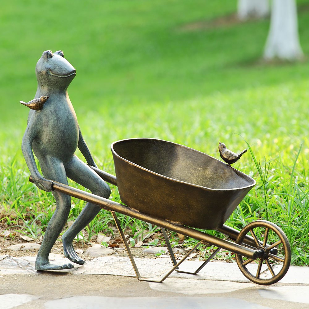 SPI Frog and Bird Wheelbarrow Metal Outdoor Garden Planter - Decorative Flower Pot for Patio, Lawn & Backyard Decor - Perfect for Spring Planting & Garden Decorations