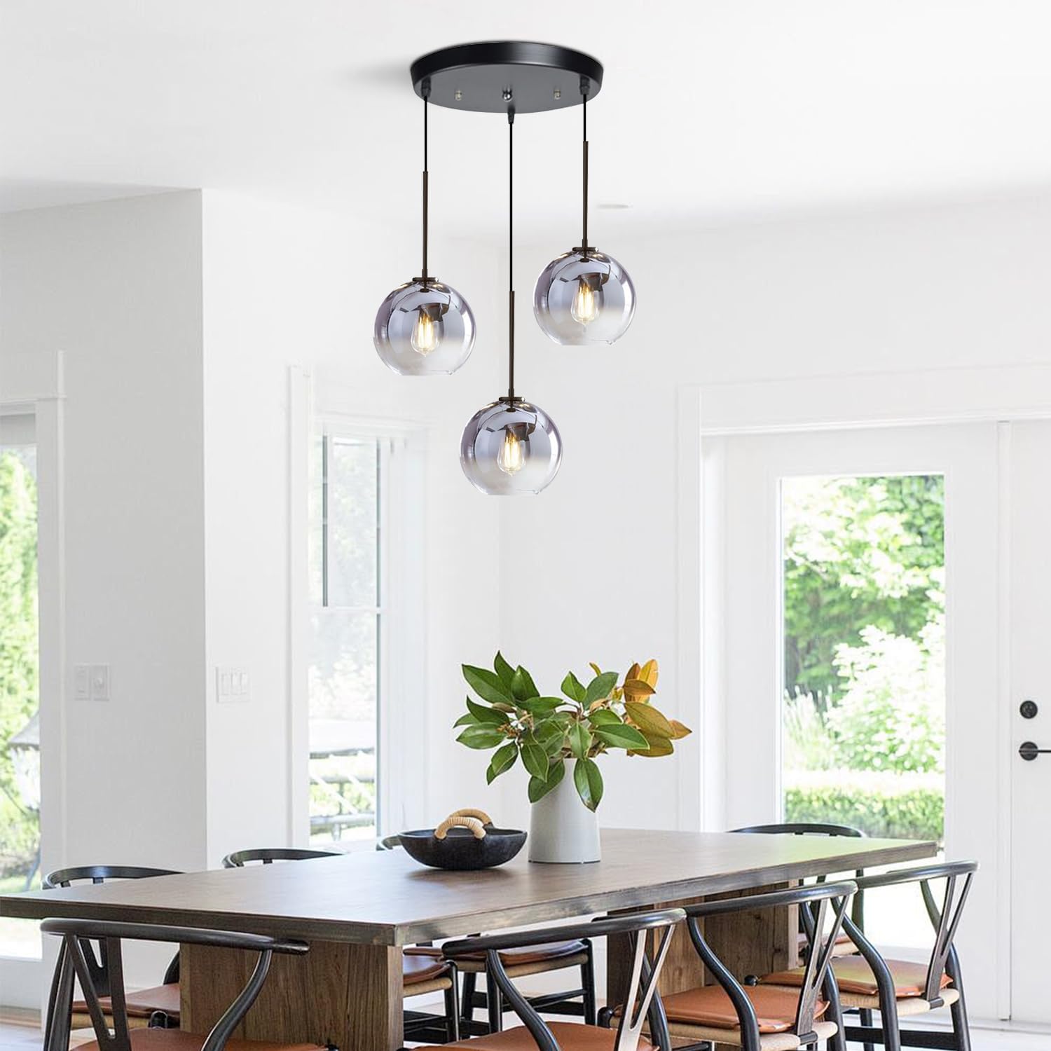 KCO Lighting 3-Pendant Modern Ceiling Chandelier - Large Glass Cluster Fixture with Nordic Mercury Glass Design | Perfect for Dining Room, Living Room & Bedroom Lighting