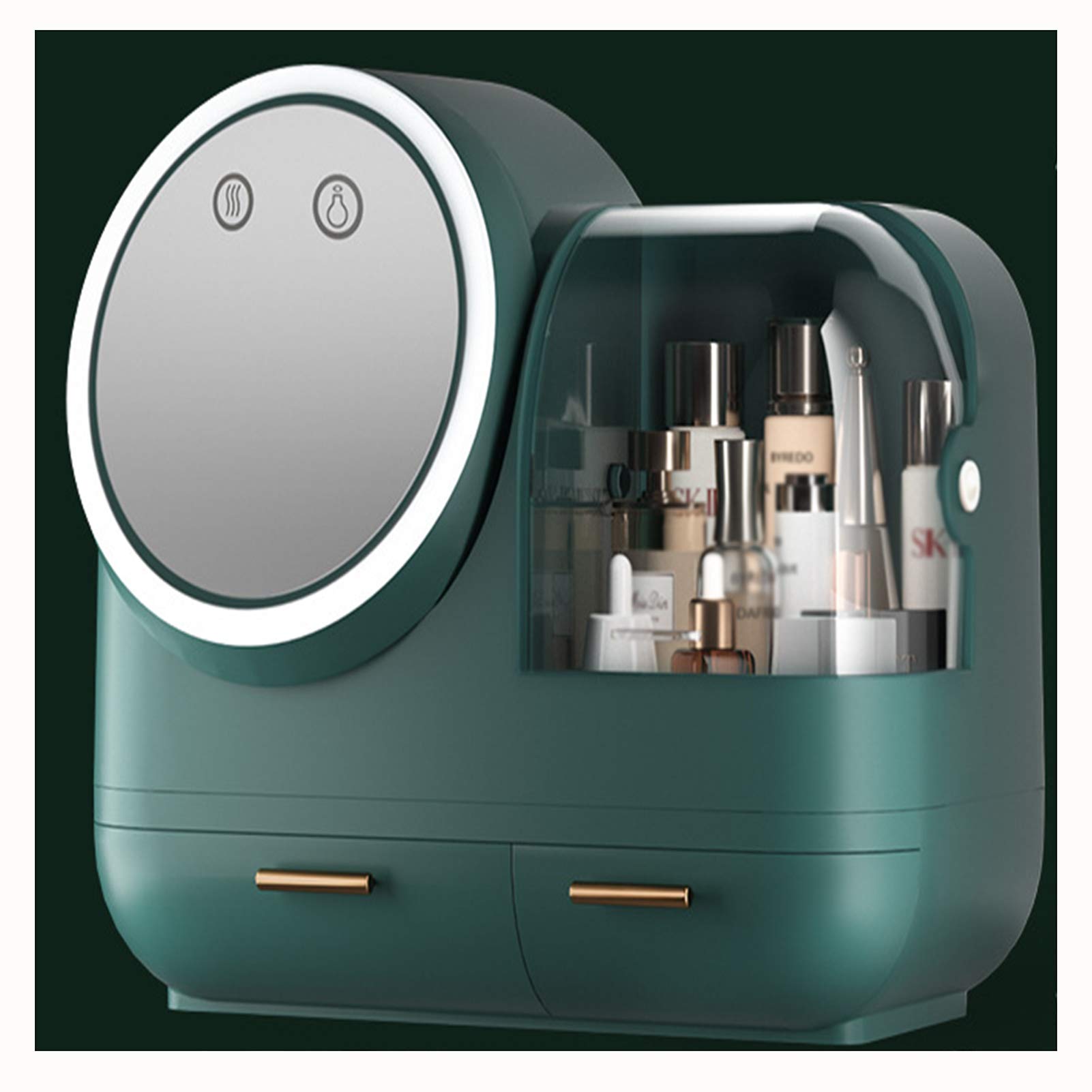 ACEWD Multifunctional LED Makeup Organizer with Mirror, Light & Fan - Large Cosmetic Storage Box for Women | Perfect Vanity Organizer, Travel Makeup Case & Beauty Gift Set (Green)