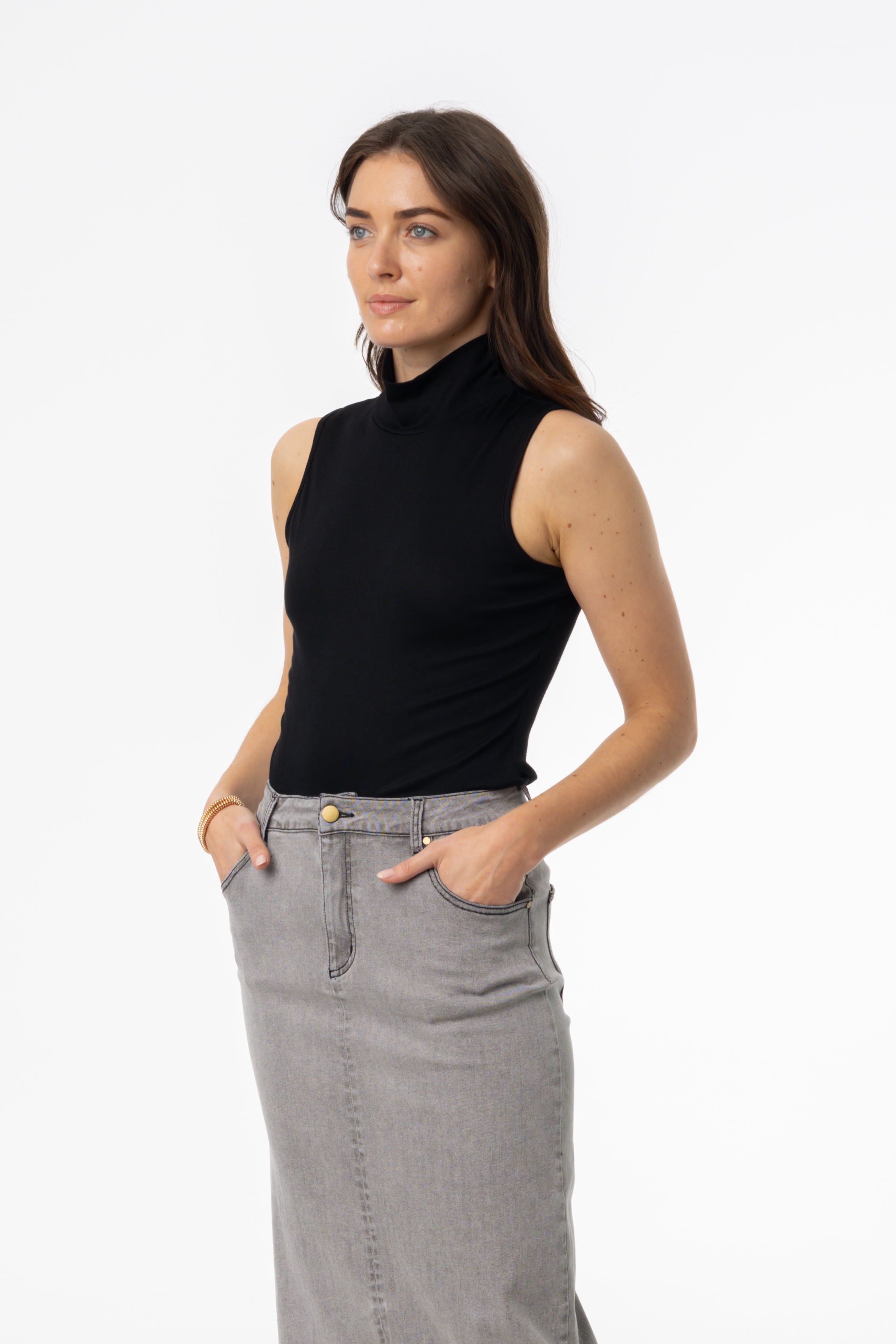 Black Solid Sleeveless Turtleneck Top for Women - Slim Fit Stretch Cotton Blouse - Perfect for Layering, Office Wear & Casual Outfits