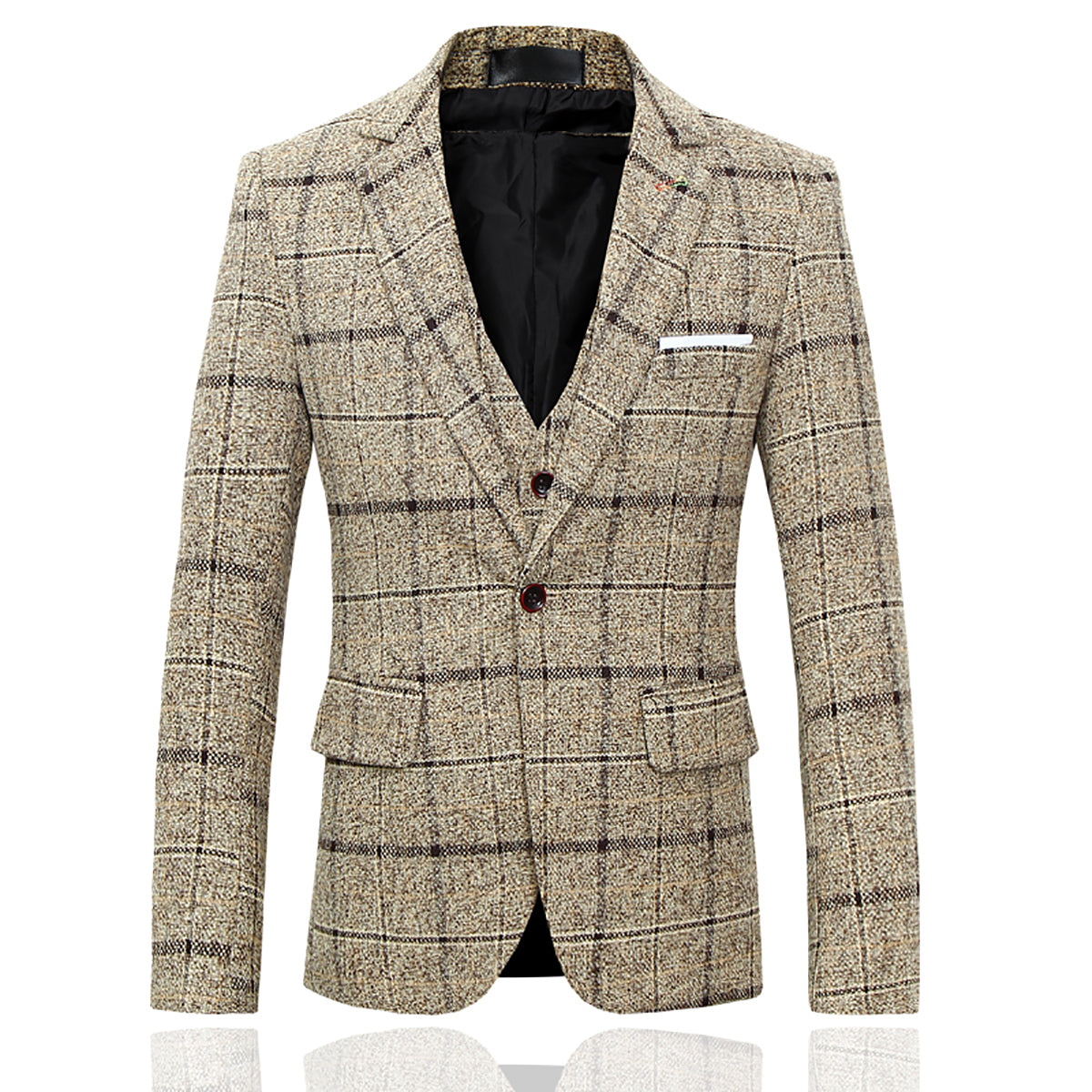 Men's Beige Plaid One-Button Wool 3-Piece Suit | Formal Business Attire for Weddings, Office & Special Occasions