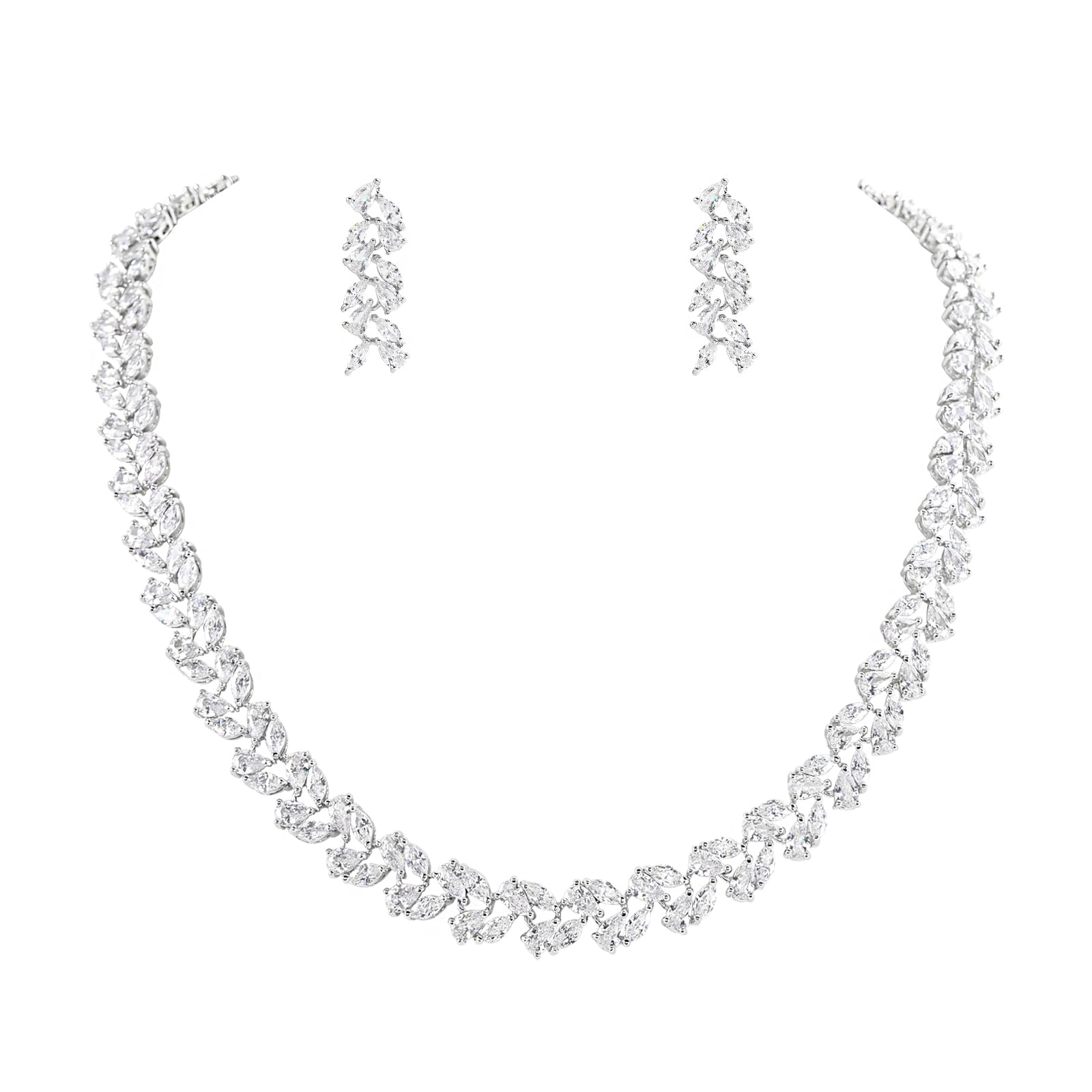 Elegant Silver Wedding Jewelry Set for Brides & Bridesmaids - Necklace & Earrings Set in White Gold - Perfect for Weddings, Proms & Formal Events