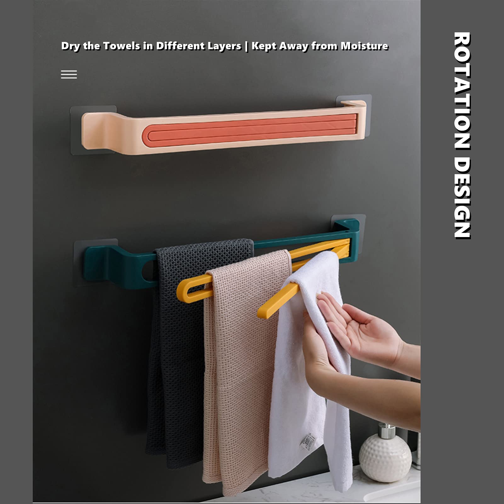 Wall Mounted Swivel Towel Rack - 180° Rotation Space Saving Self Adhesive Folding Arm Towel Holder for Kitchen & Bathroom Storage Organizer - Perfect for Small Spaces, Pink (Ideal for Apartments, RVs, Dorms)
