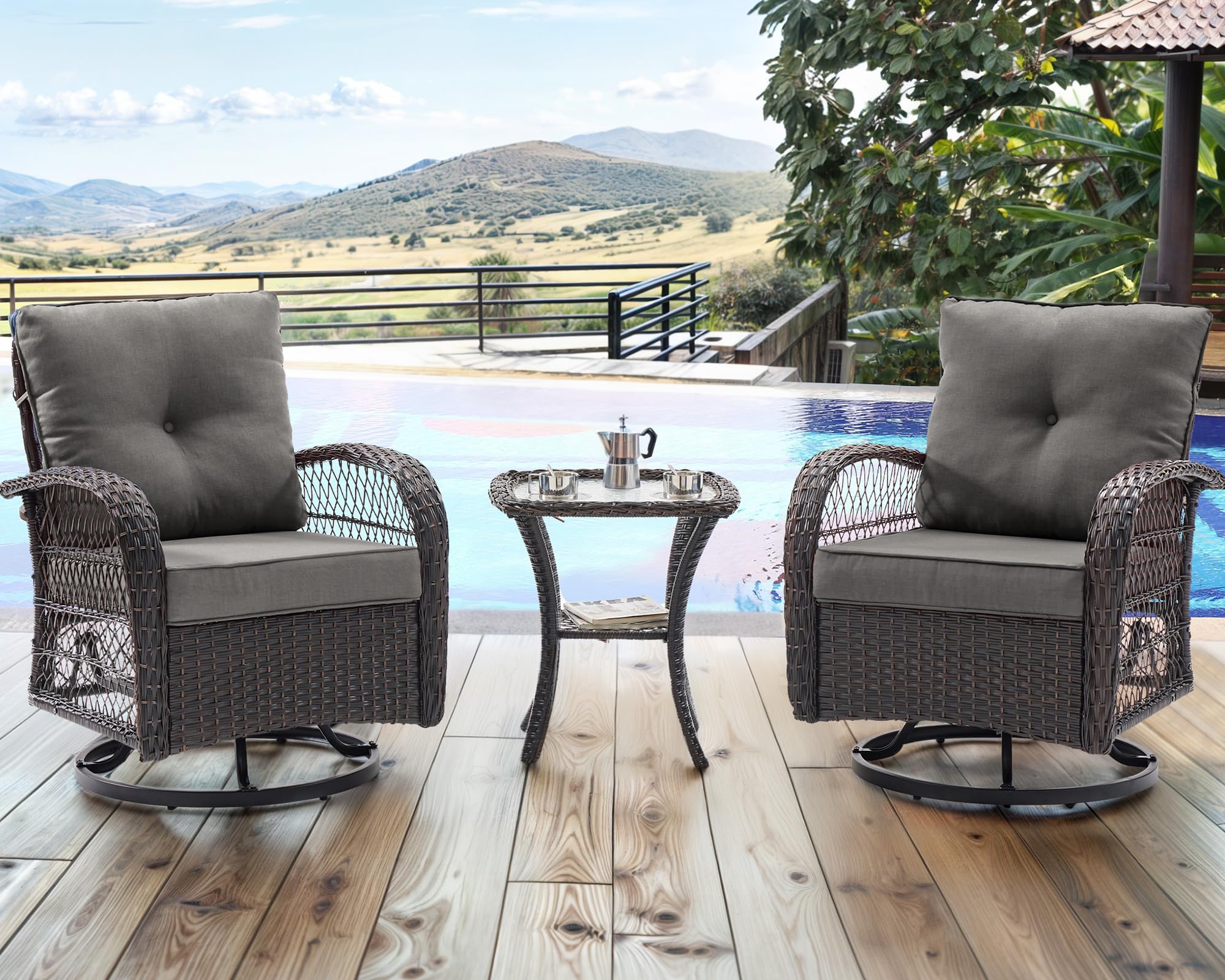 UDPATIO 3-Piece Outdoor Patio Furniture Set - 2 Swivel Rocking Chairs with Thick Cushions & Glass Coffee Table - All-Weather Wicker Glider Chairs for Porch, Deck, Backyard, Garden (Grey) | Perfect for Relaxing, Entertaining & Outdoor Lounging