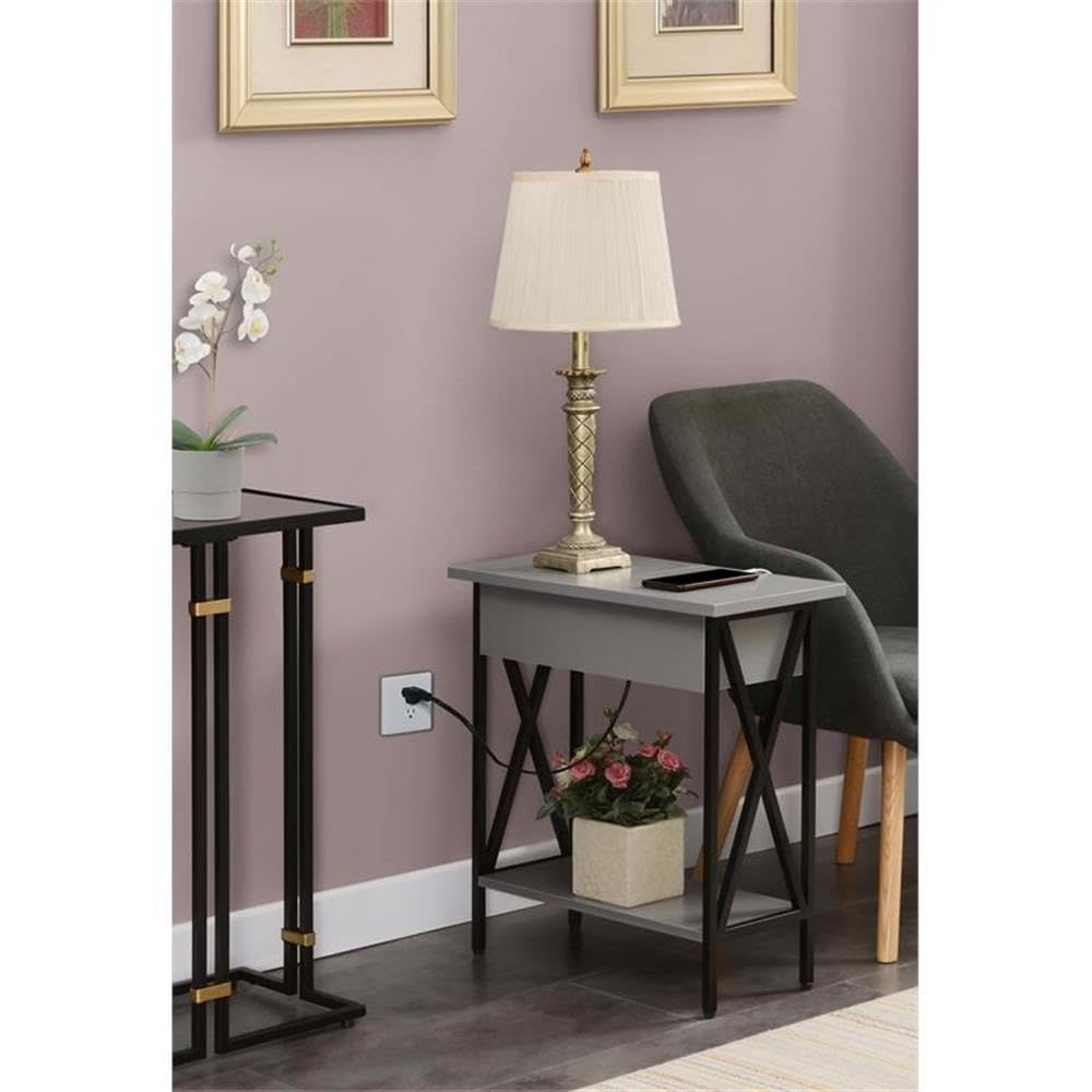 Gray Modern End Table with USB Charging Station & Storage Shelf - Set of 2 Nightstands for Bedroom, Living Room or Office
