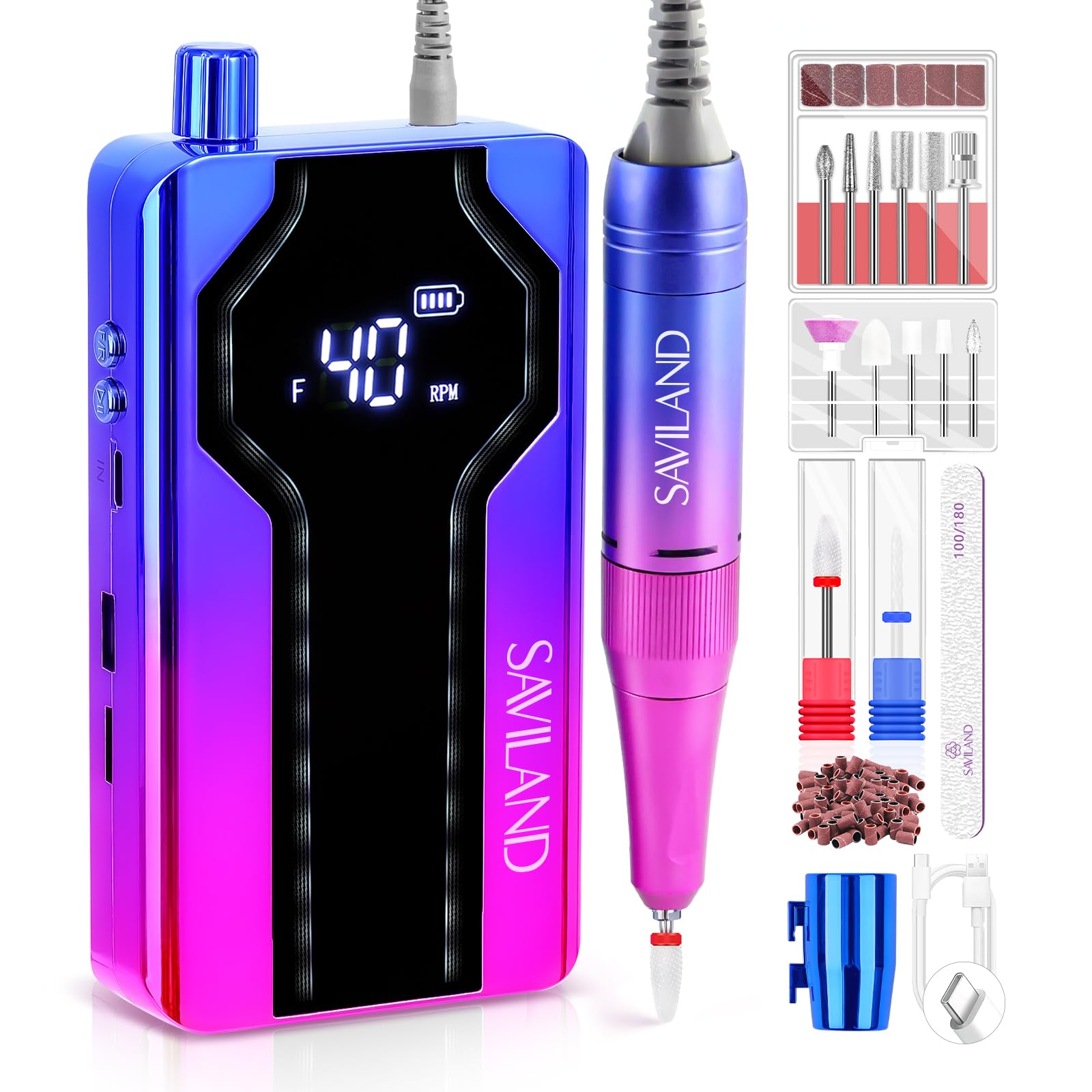 SAVILAND Professional Nail Drill Machine 40000RPM - Portable Electric Nail File for Acrylic Nails Removal, Manicure & Pedicure | Long Battery Life, Perfect for Home Nail Salon & DIY Nail Art | Fast, Safe & Easy to Use for Beginners & Professionals