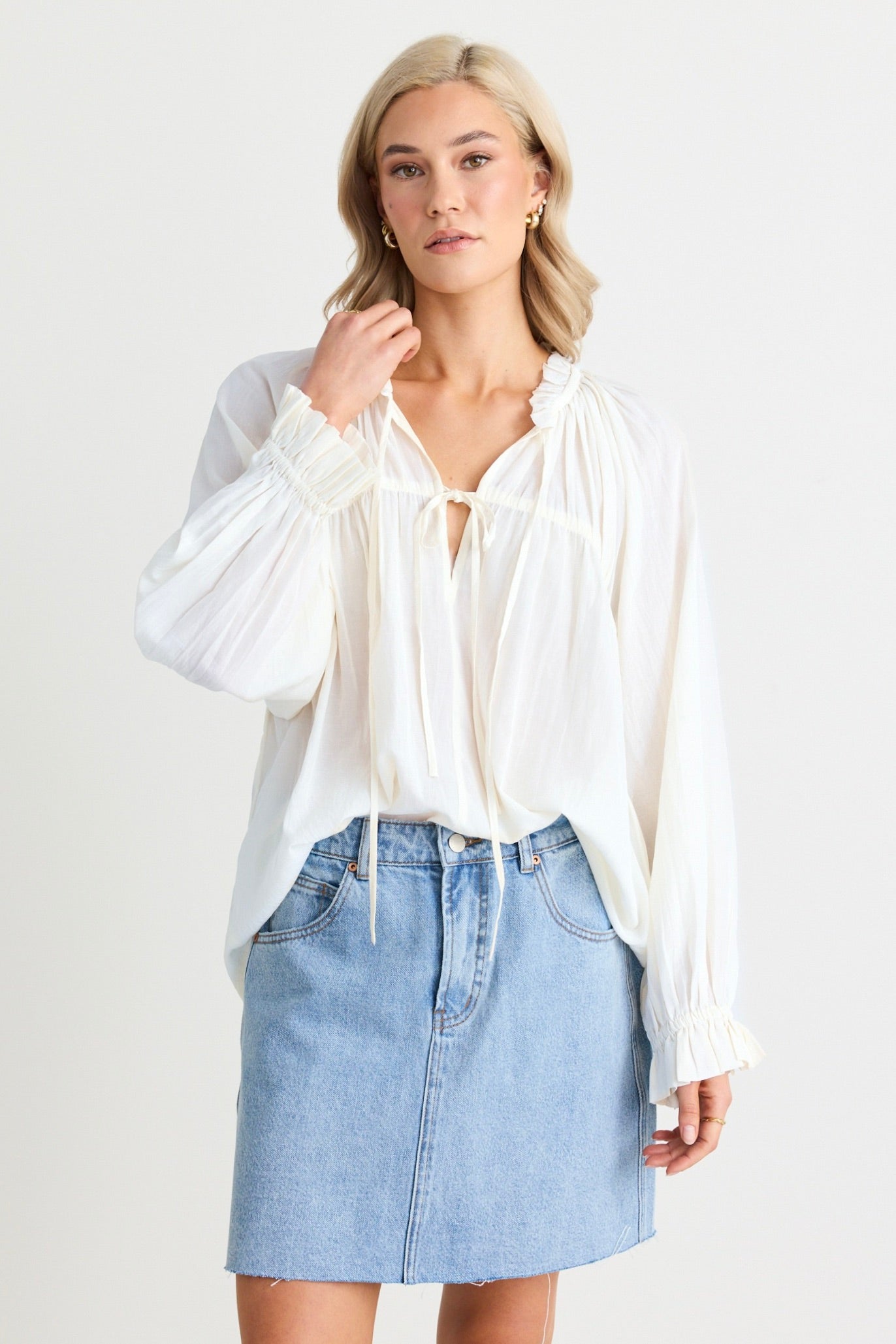 Elegant Ivory Voile Long Sleeve Tie Front Relaxed Gathered Blouse for Women | Boho Chic Loose Fit Tunic Top | Perfect for Casual Outings, Date Nights & Office Wear