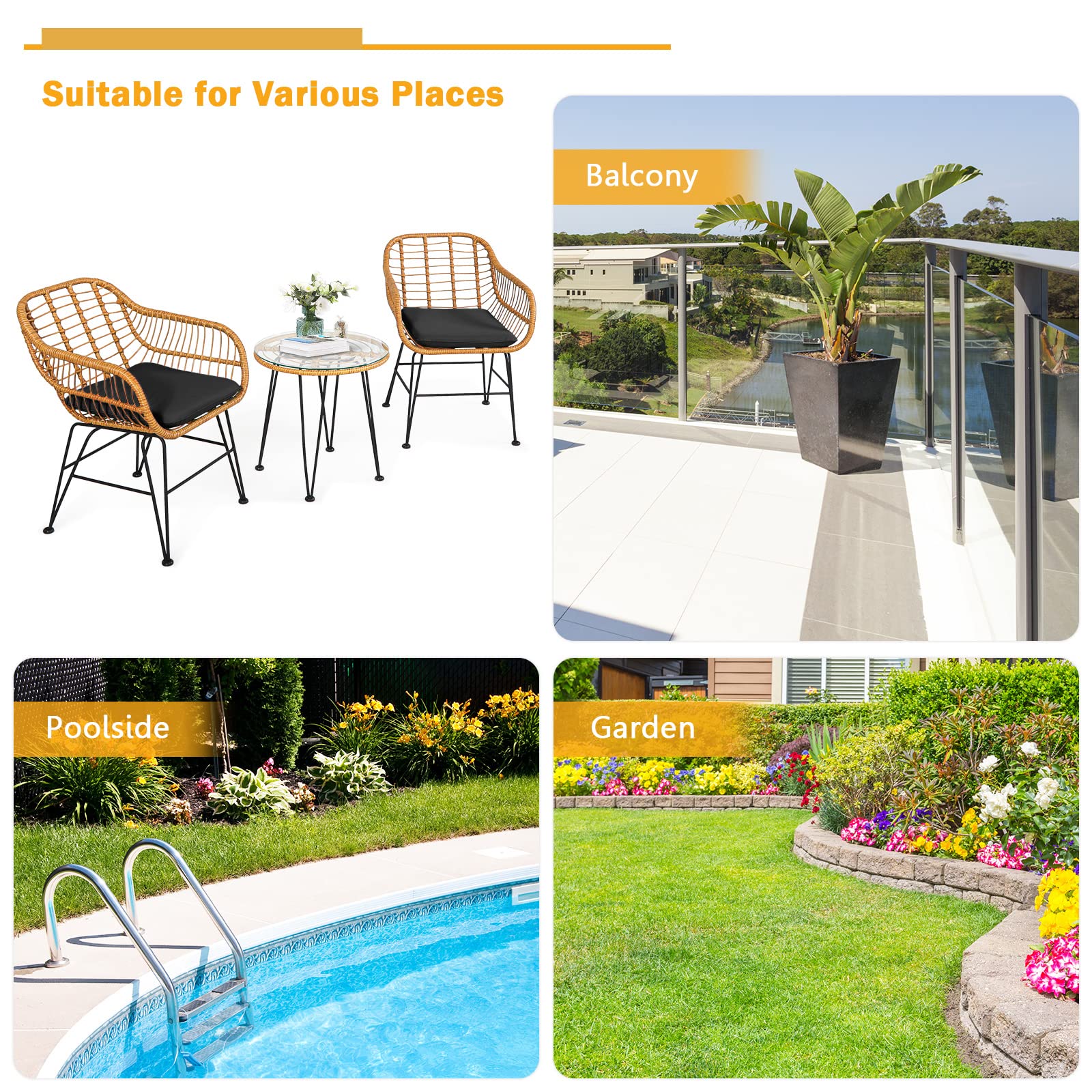 **HAPPYGRILL 3-Piece Rattan Bistro Set with Steel Frame, Round Coffee Table & Soft Cushions - Outdoor Patio Furniture for Garden, Balcony, or Poolside Relaxation**