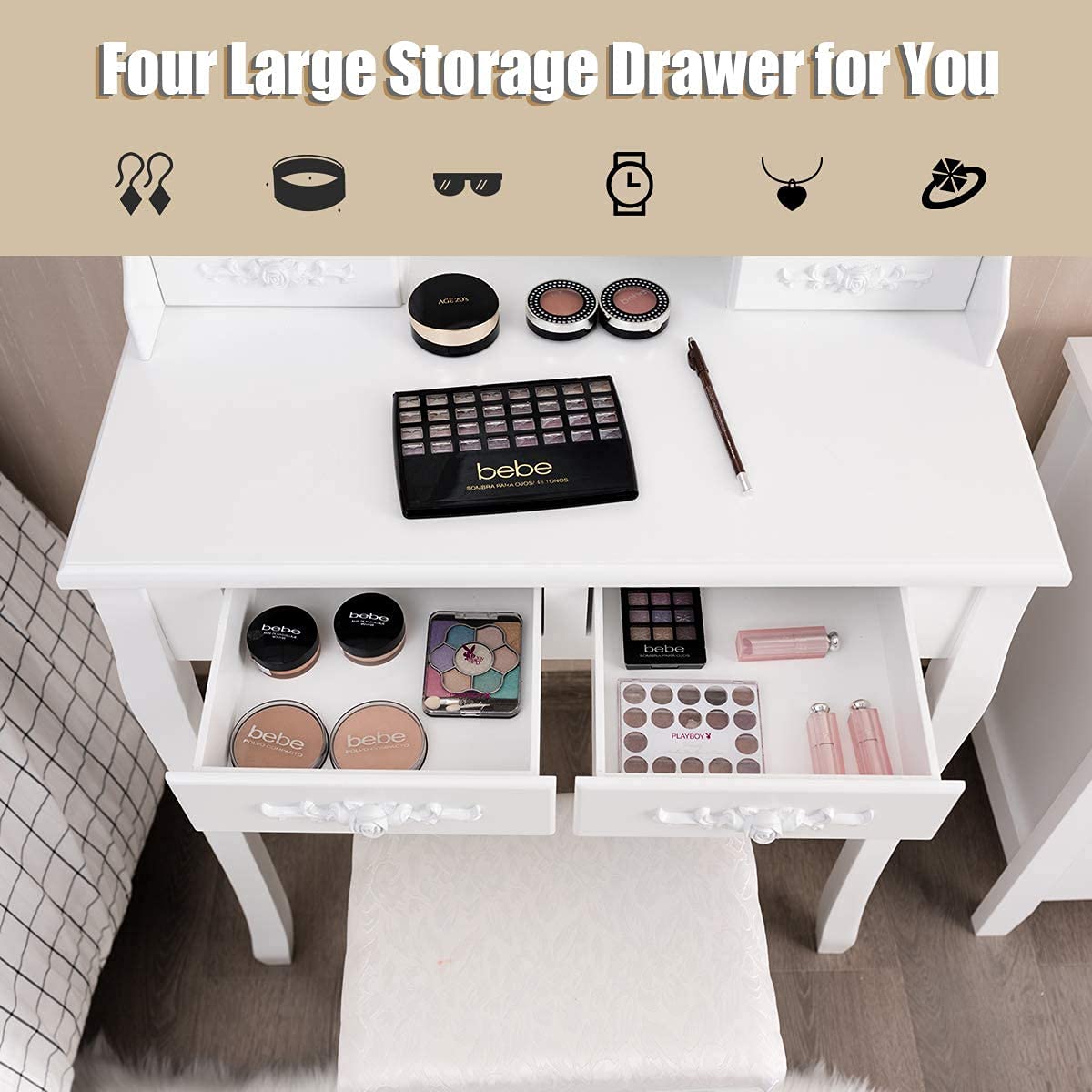 LDAILY Vanity Table Set with Lighted Mirror - 10 LED Lights, 4 Drawers & Oval Dressing Desk with Cushioned Stool for Women & Girls (White/Black/Dark Brown) | Perfect for Bedroom Makeup, Skincare & Hair Styling